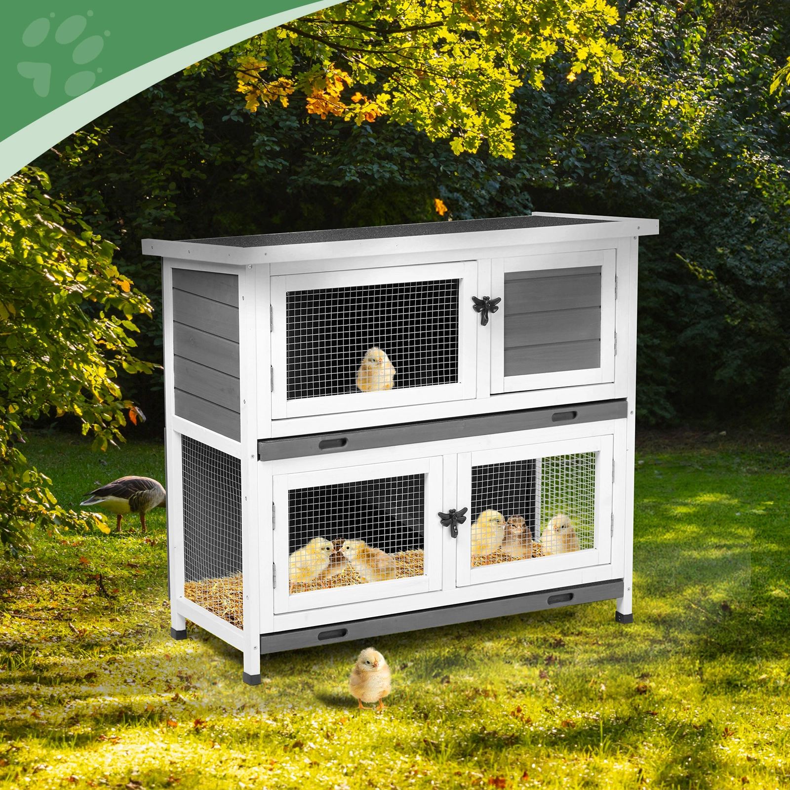 2 Story Solid Wood Rabbit Hutch Bunny Cage with 2 Large Main Rooms, Indoor Outdoor Rabbit House Guinea Pig Cage Pet House for Small Animals with 2 Removable Trays, Grey view 16
