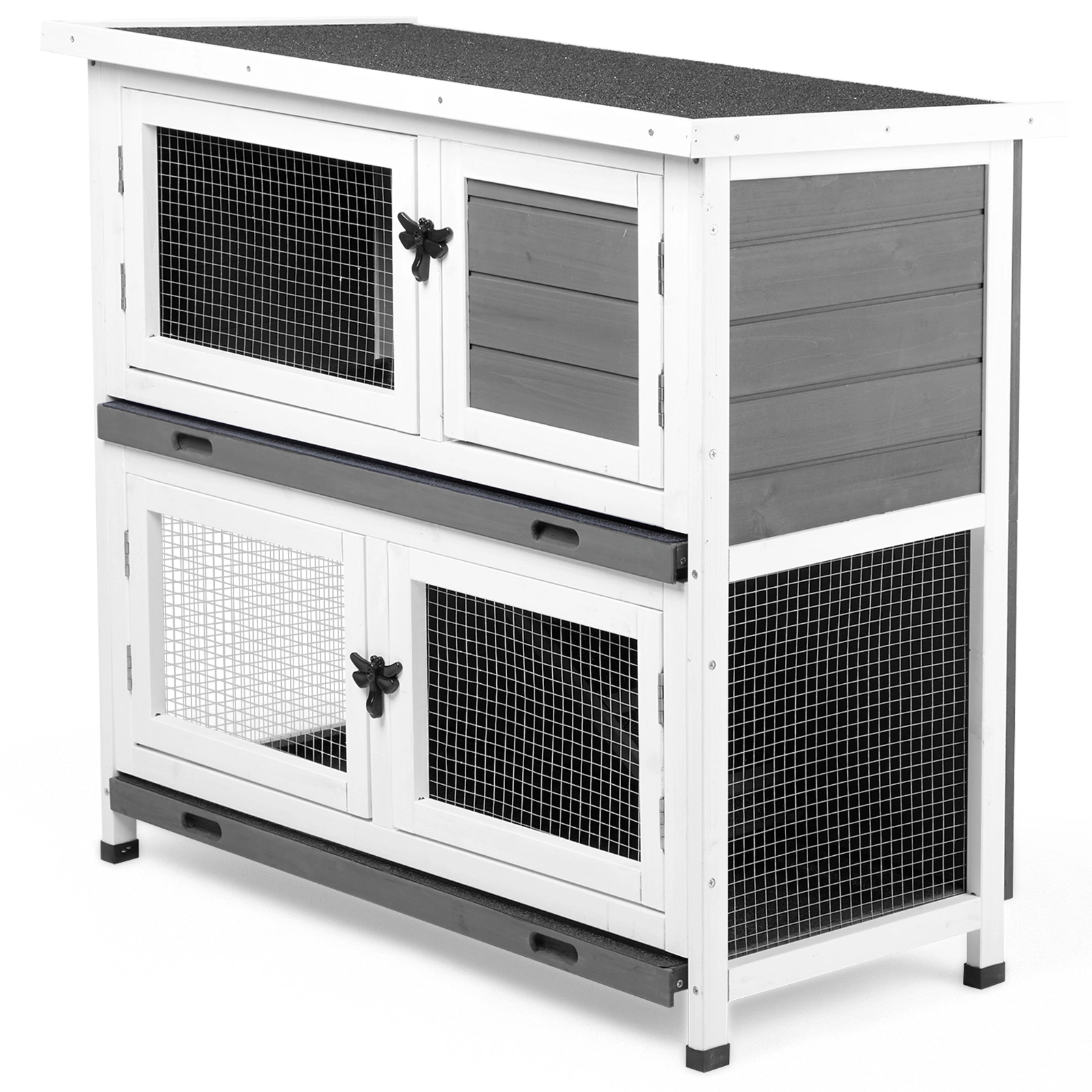 2 Story Solid Wood Rabbit Hutch Bunny Cage with 2 Large Main Rooms, Indoor Outdoor Rabbit House Guinea Pig Cage Pet House for Small Animals with 2 Removable Trays, Grey view 4