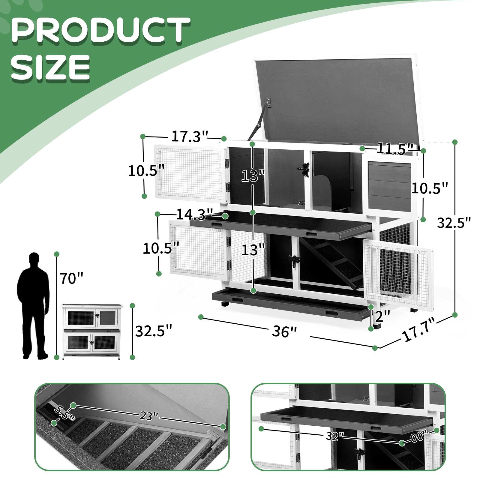 2 Story Solid Wood Rabbit Hutch Bunny Cage with 2 Large Main Rooms, Indoor Outdoor Rabbit House Guinea Pig Cage Pet House for Small Animals with 2 Removable Trays, Grey view 8