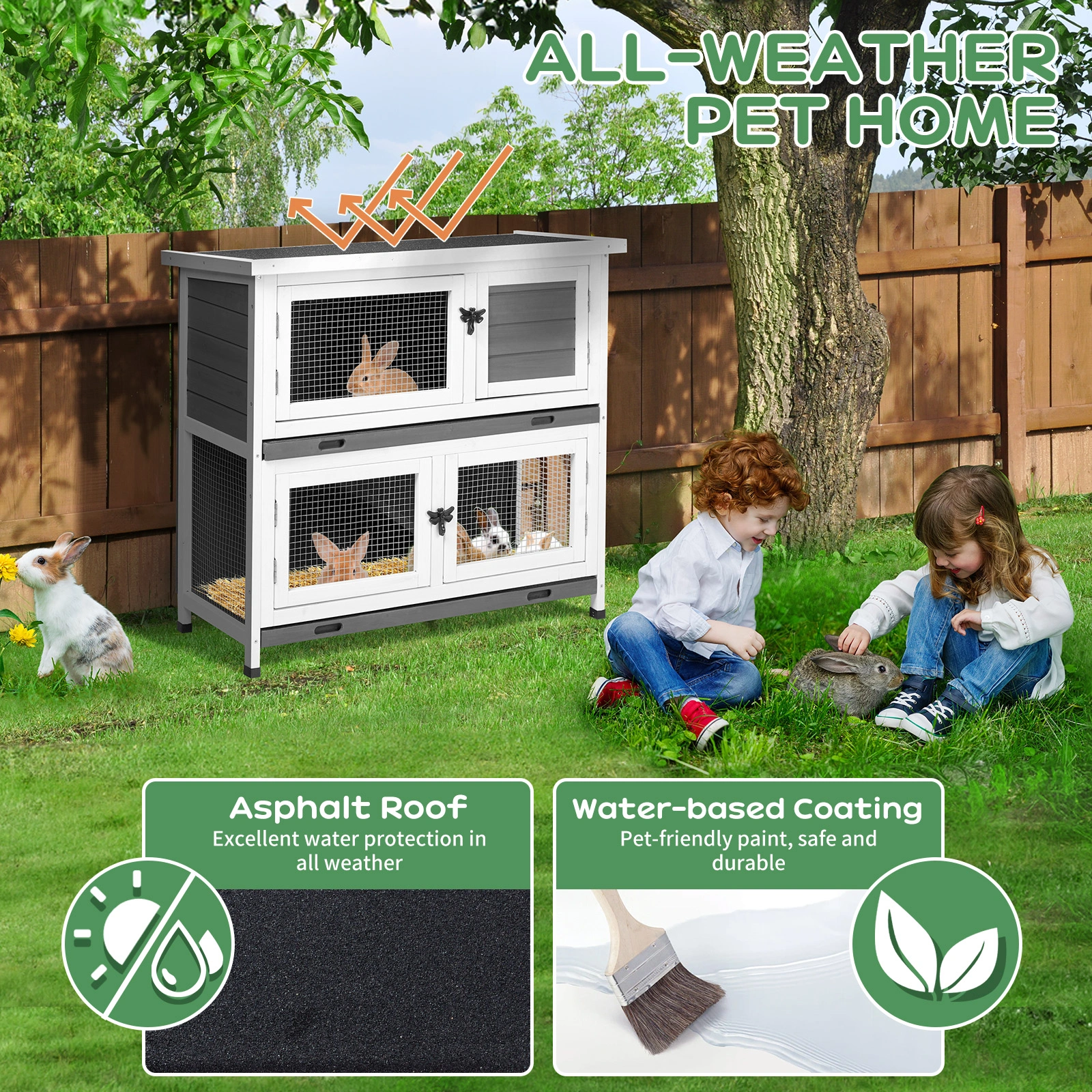 2 Story Solid Wood Rabbit Hutch Bunny Cage with 2 Large Main Rooms, Indoor Outdoor Rabbit House Guinea Pig Cage Pet House for Small Animals with 2 Removable Trays, Grey view 9