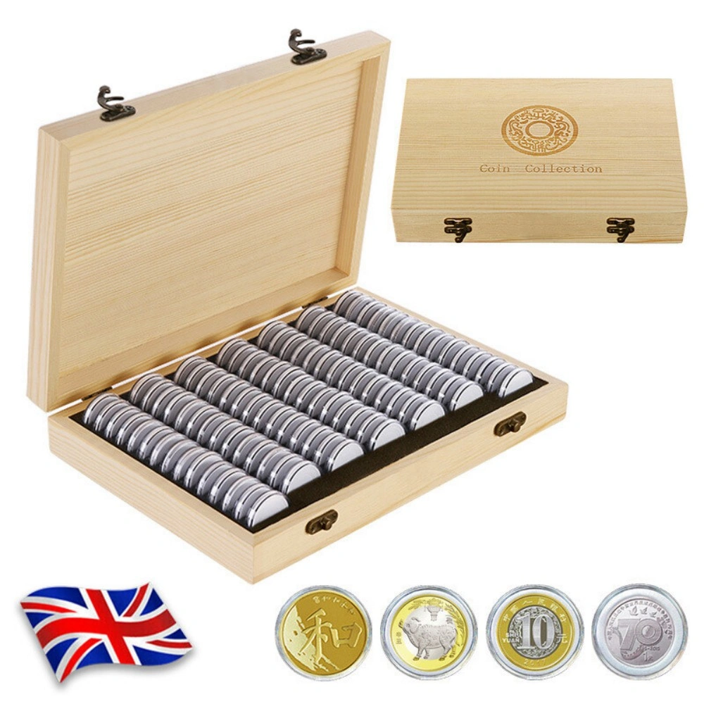 Wooden Coin Display Storage Box - 100 Pcs Capsule Cases for Collectible Coins, UK