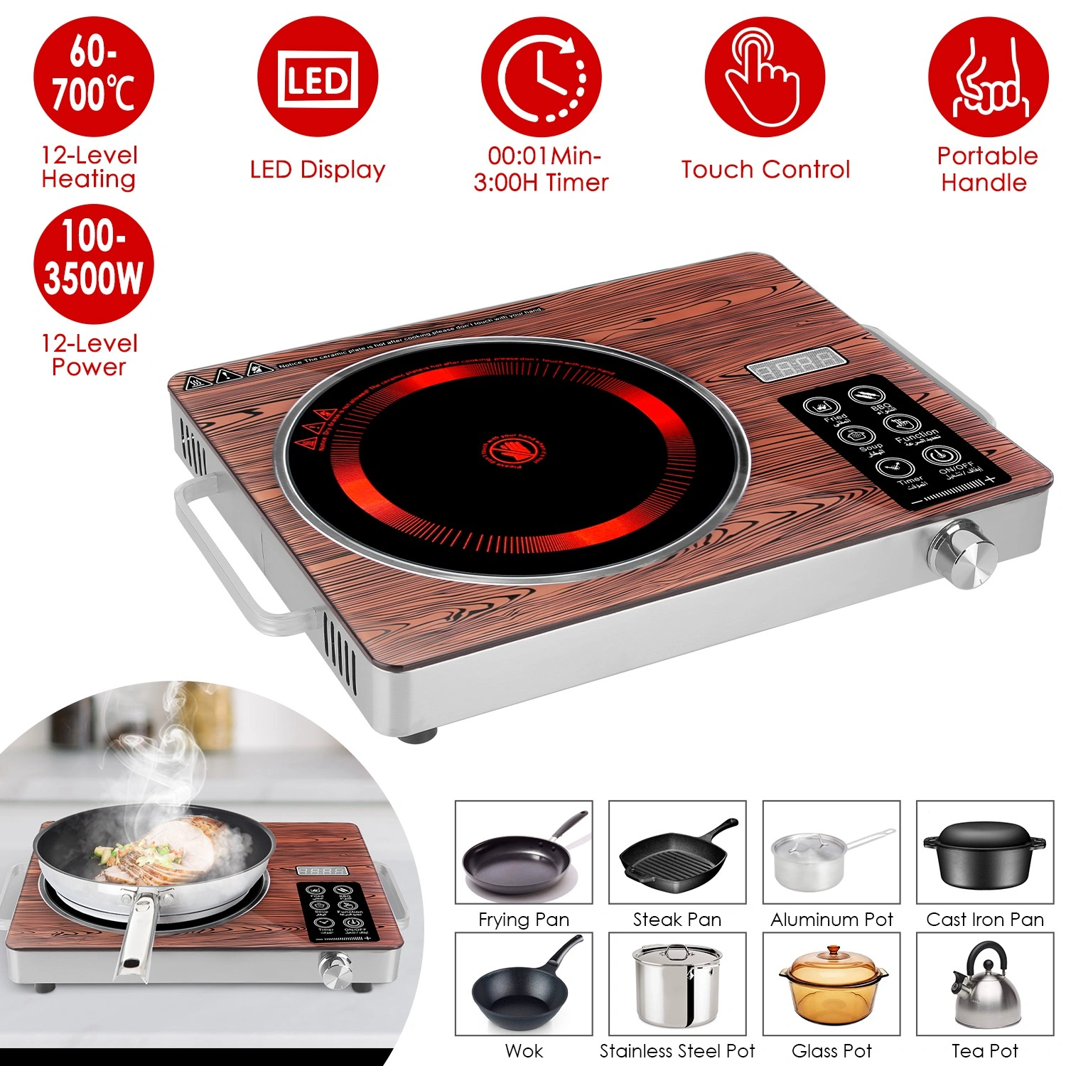 3500W Electric Single Burner Cooktop 110V, Hot Plate with 4 Preset Modes, 12-Level Power & Temp Control, 0-3H Timer, Portable Handles, Easy-Clean Glass Surface view 10