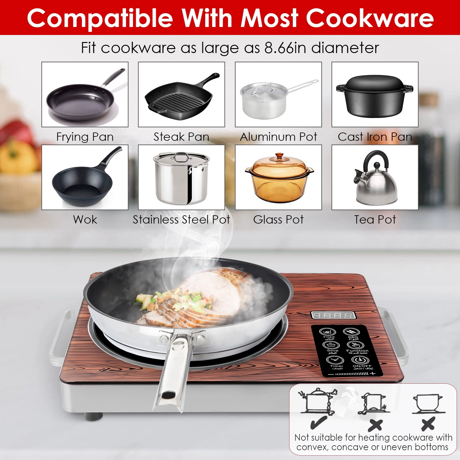 3500W Electric Single Burner Cooktop 110V, Hot Plate with 4 Preset Modes, 12-Level Power & Temp Control, 0-3H Timer, Portable Handles, Easy-Clean Glass Surface view 2