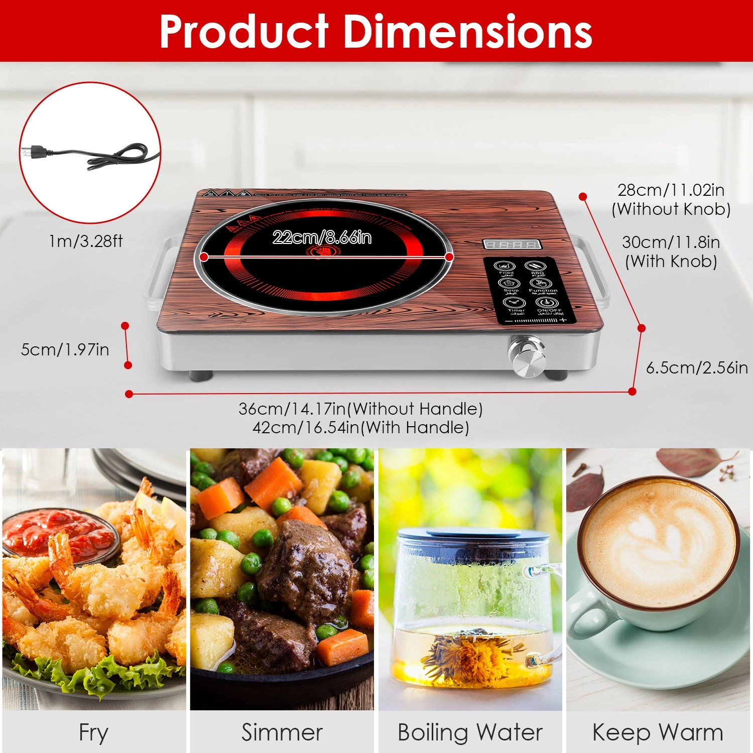 3500W Electric Single Burner Cooktop 110V, Hot Plate with 4 Preset Modes, 12-Level Power & Temp Control, 0-3H Timer, Portable Handles, Easy-Clean Glass Surface view 5