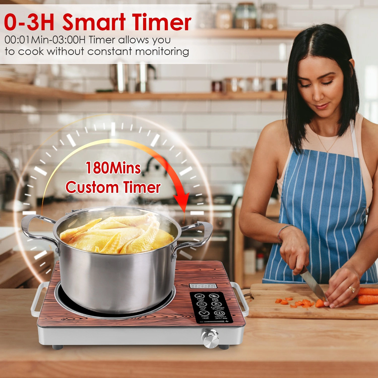 3500W Electric Single Burner Cooktop 110V, Hot Plate with 4 Preset Modes, 12-Level Power & Temp Control, 0-3H Timer, Portable Handles, Easy-Clean Glass Surface view 7