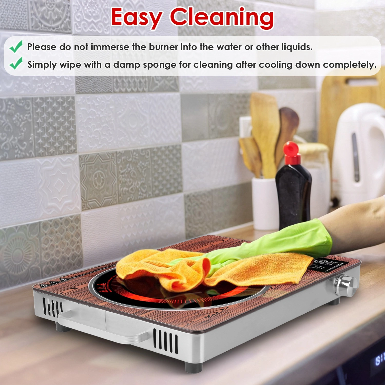 3500W Electric Single Burner Cooktop 110V, Hot Plate with 4 Preset Modes, 12-Level Power & Temp Control, 0-3H Timer, Portable Handles, Easy-Clean Glass Surface view 9