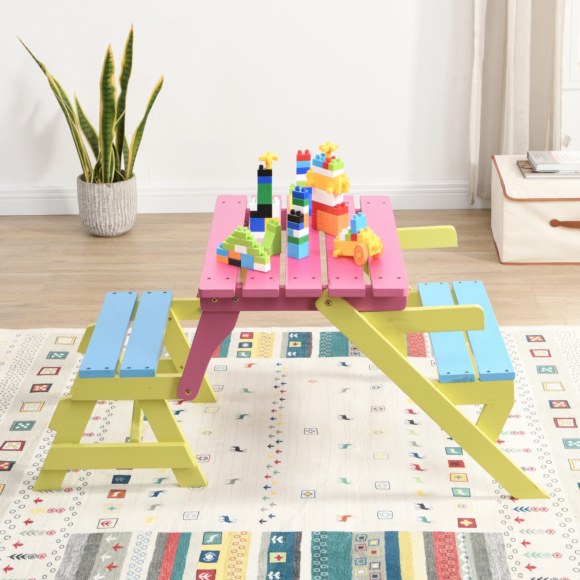 Kids Multi-Function Arm Chair Table with 2 Benches All-in-One Convertible Set