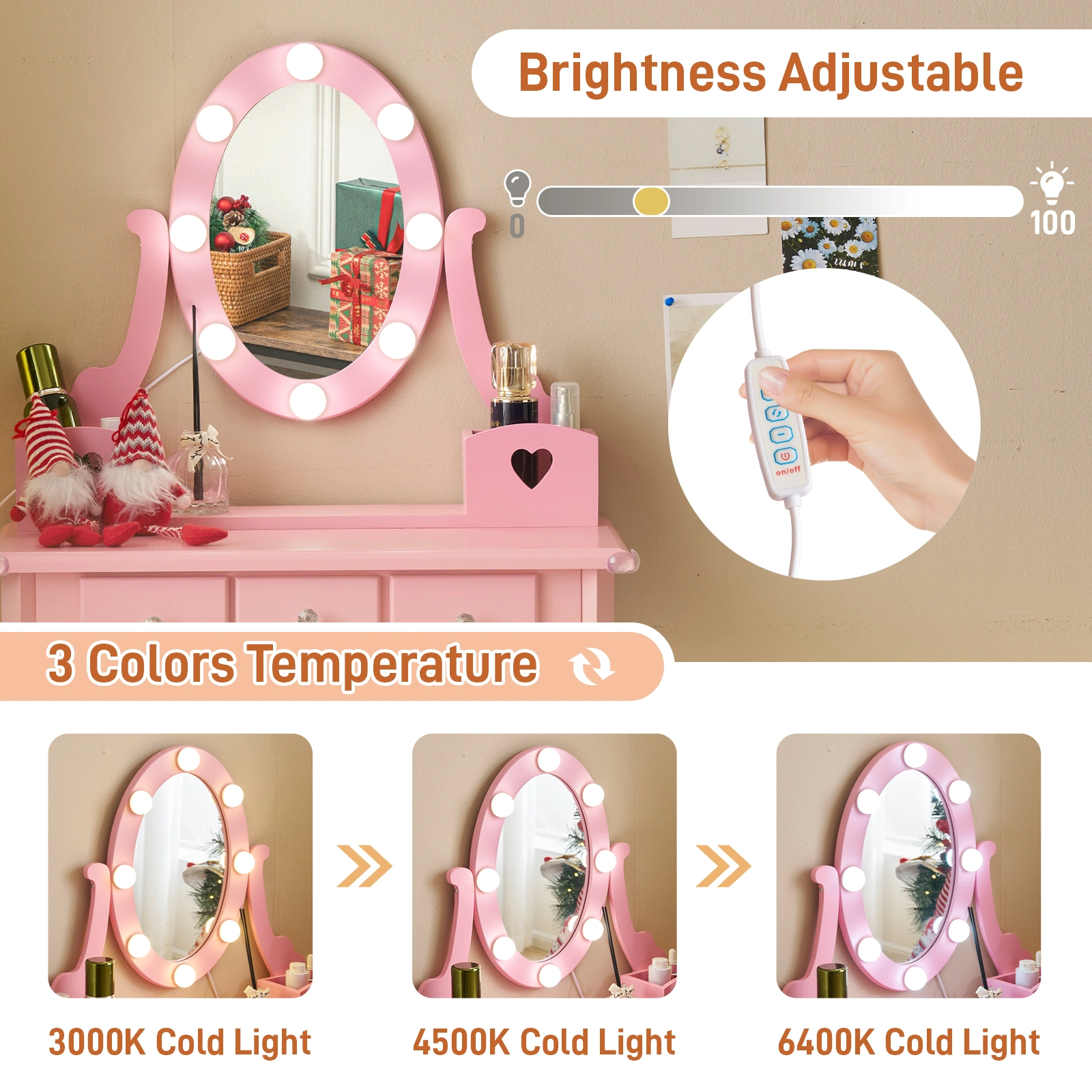 Kids Vanity Set with Mirror and Lights and Stool, 5 Storage Drawers, Pretend Play Princess Makeup Desk Dressing Table and Stool Set for Little Girls Age 3+, Macaroon Pink view 2