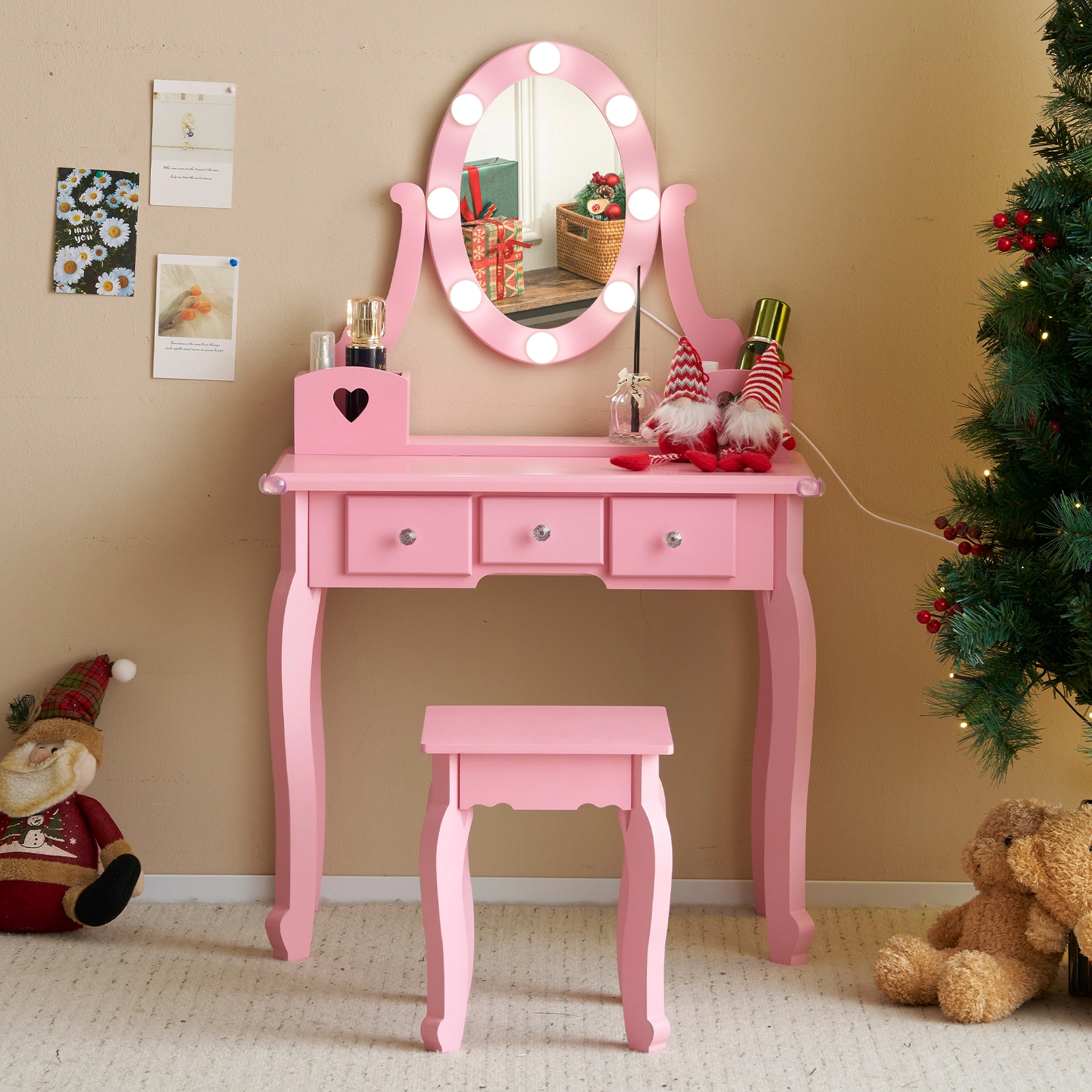 Kids Vanity Set with Mirror and Lights and Stool, 5 Storage Drawers, Pretend Play Princess Makeup Desk Dressing Table and Stool Set for Little Girls Age 3+, Macaroon Pink view 3