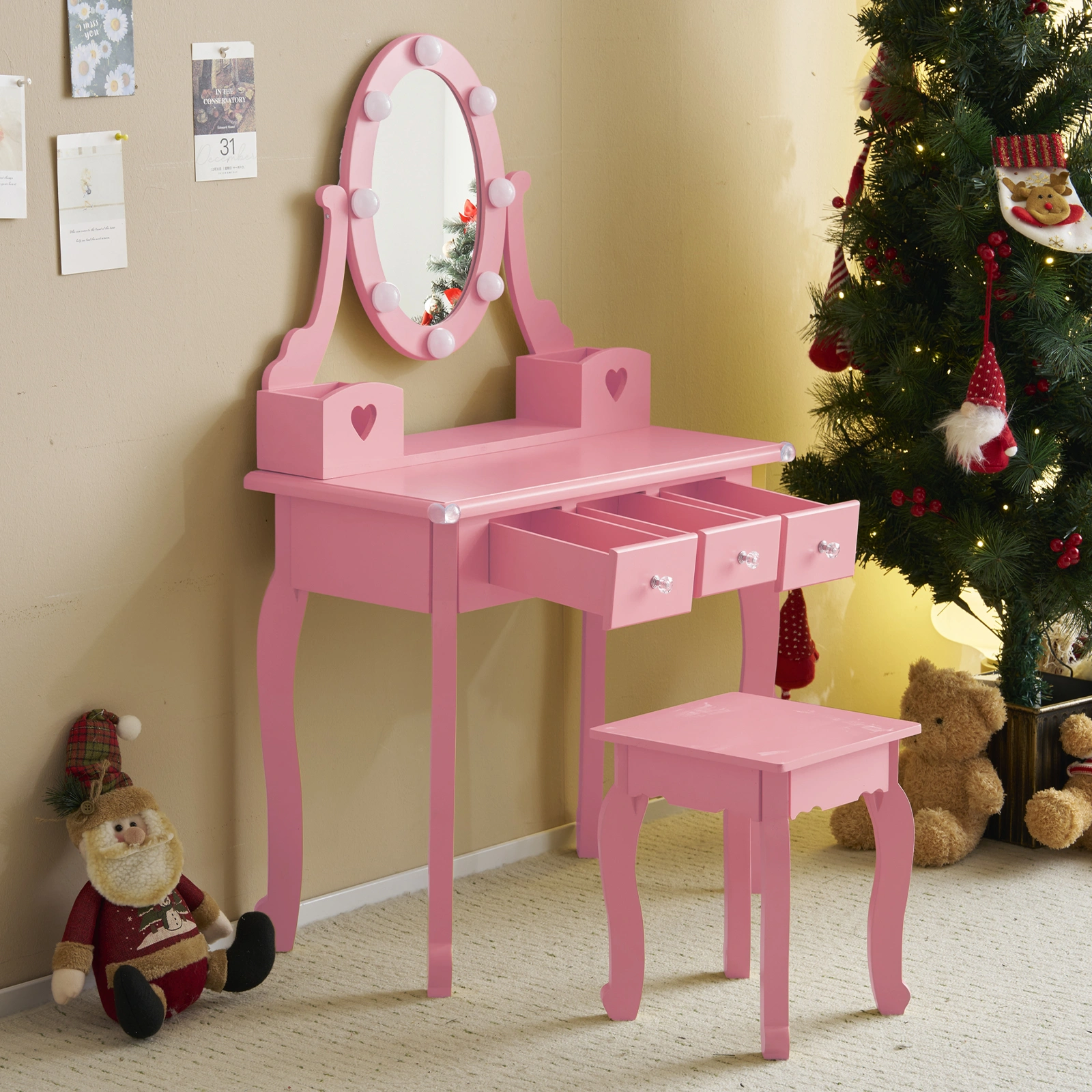 Kids Vanity Set with Mirror and Lights and Stool, 5 Storage Drawers, Pretend Play Princess Makeup Desk Dressing Table and Stool Set for Little Girls Age 3+, Macaroon Pink view 6