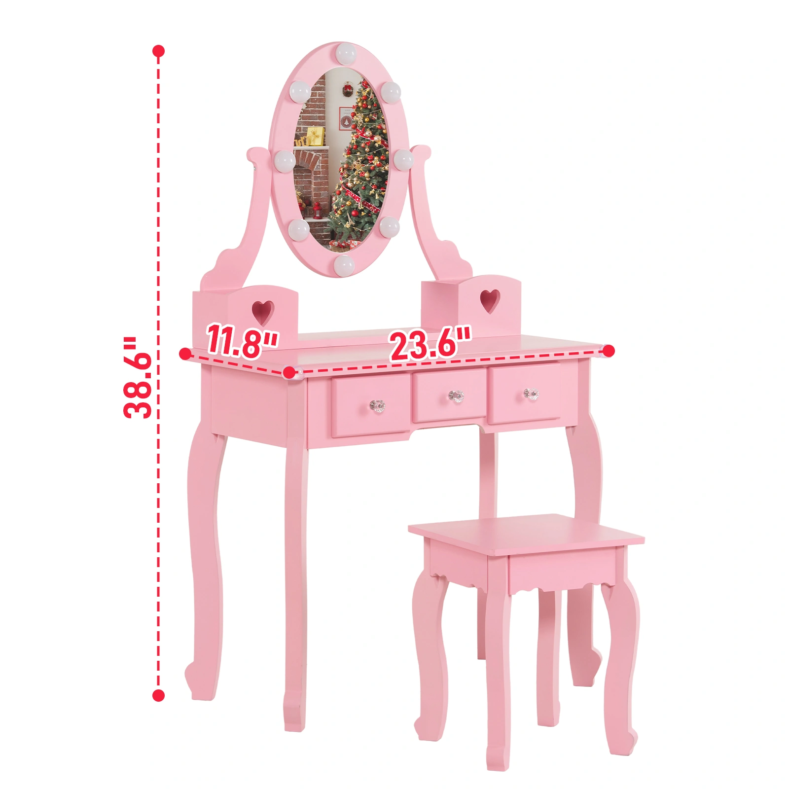 Kids Vanity Set with Mirror and Lights and Stool, 5 Storage Drawers, Pretend Play Princess Makeup Desk Dressing Table and Stool Set for Little Girls Age 3+, Macaroon Pink view 7