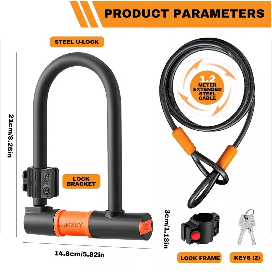Heavy Duty U-Shaped Bike Lock Cable with 2 Keys & Wall Bracket for Bicycle Security view 3