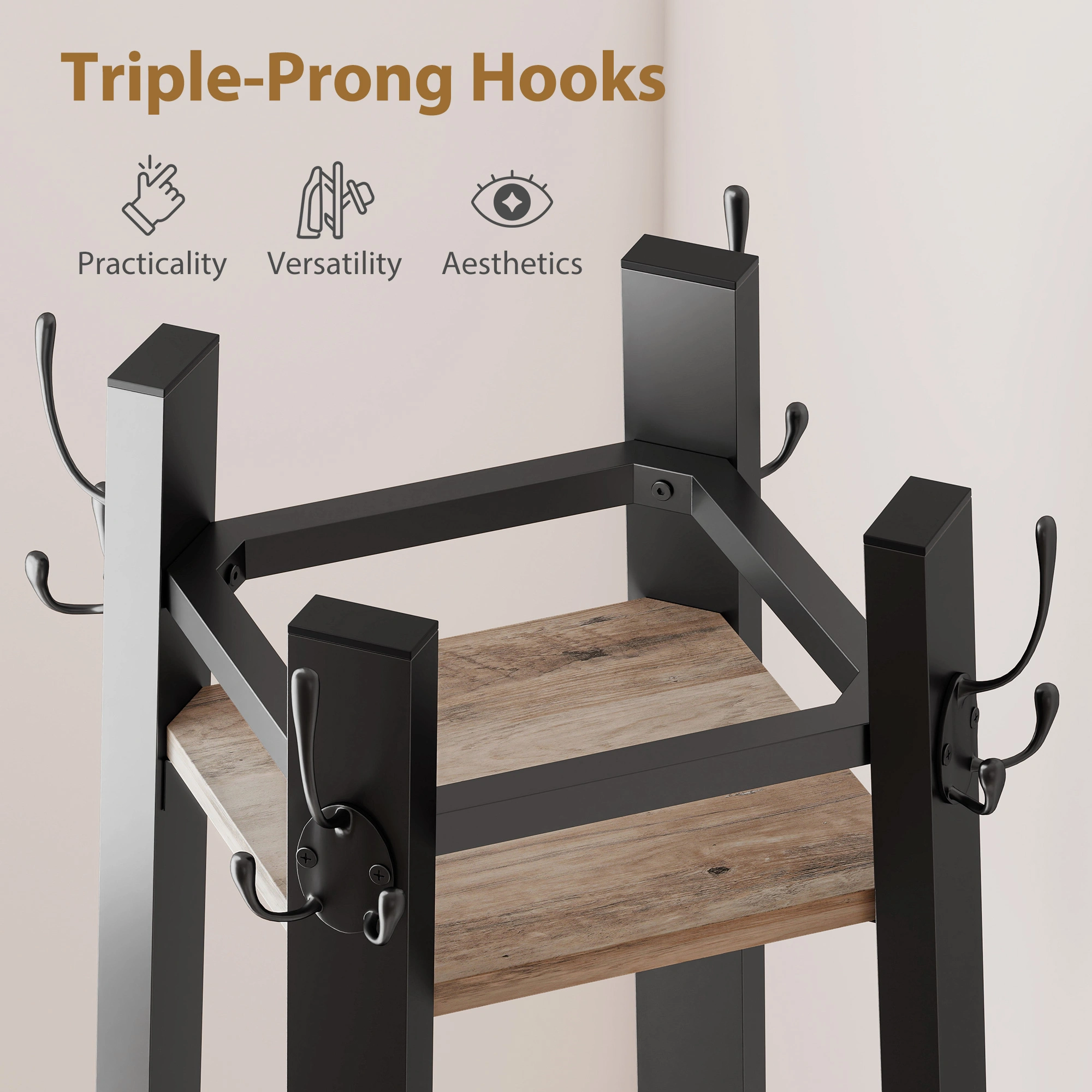 Coat Racks Wall Mounted, 6-Hook Heavy Duty Coat Rack with Hat Rack, Space-Saving Entryway Organizer for Bedroom, Bathroom, Hallway view 3