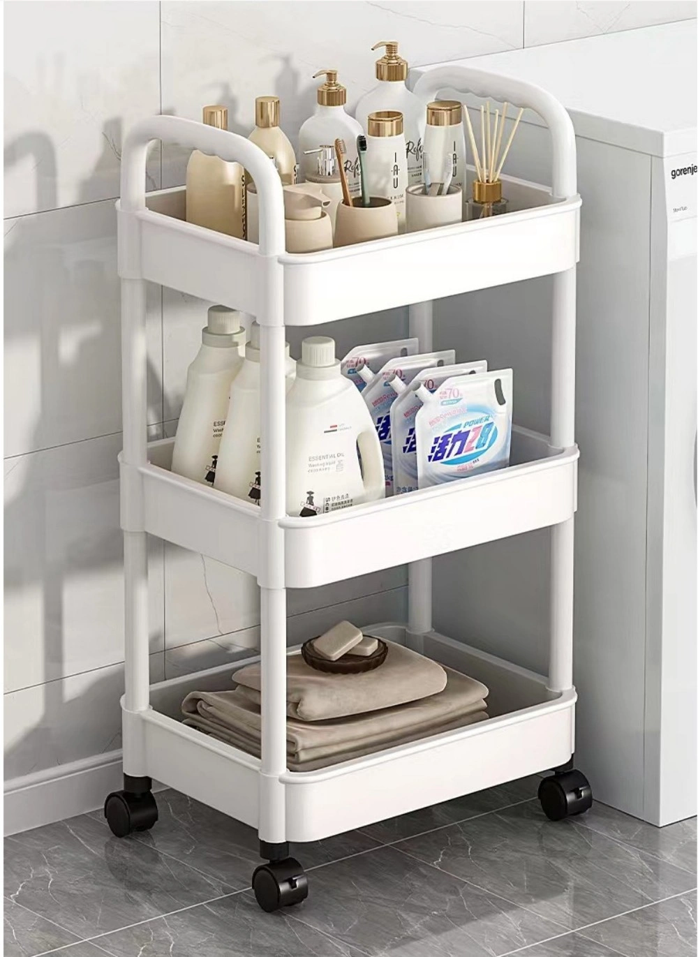 3-Tier Rolling Cart Kitchen Bathroom Laundry Mobile Storage Shelf with Wheels, White view 2
