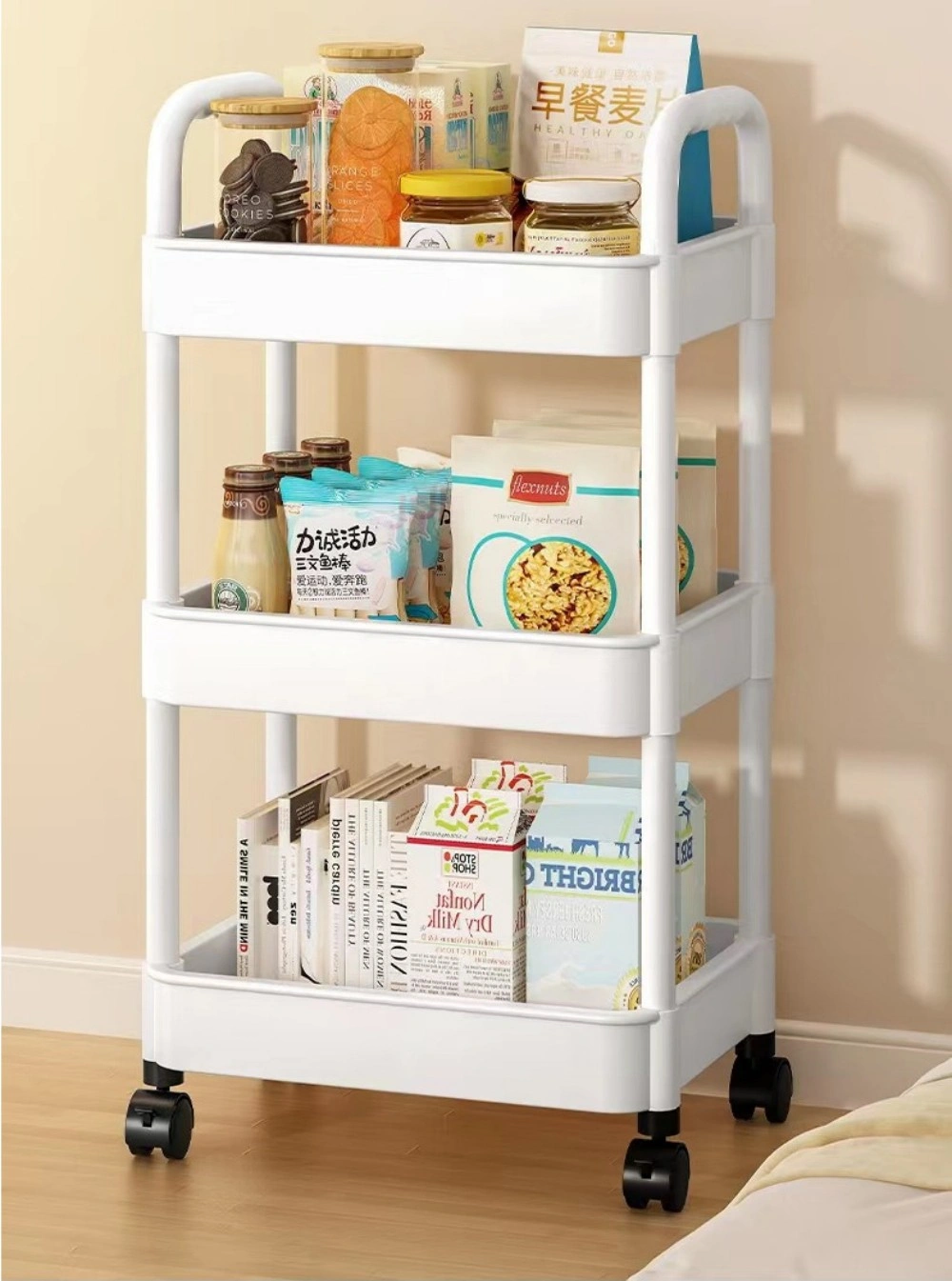 3-Tier Rolling Cart Kitchen Bathroom Laundry Mobile Storage Shelf with Wheels, White view 3