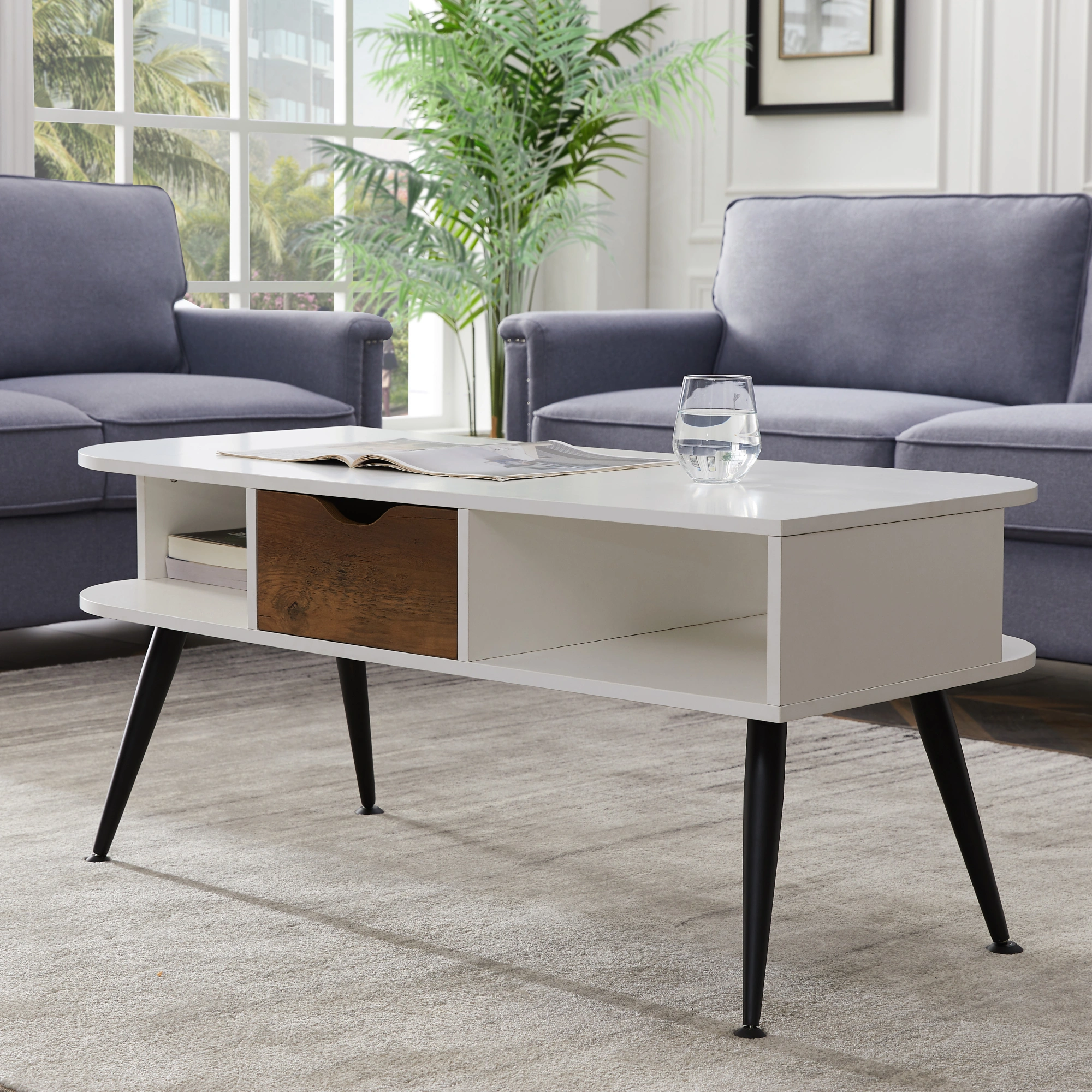Modern White Coffee Table for Living Room - Contemporary Low Profile Center Table