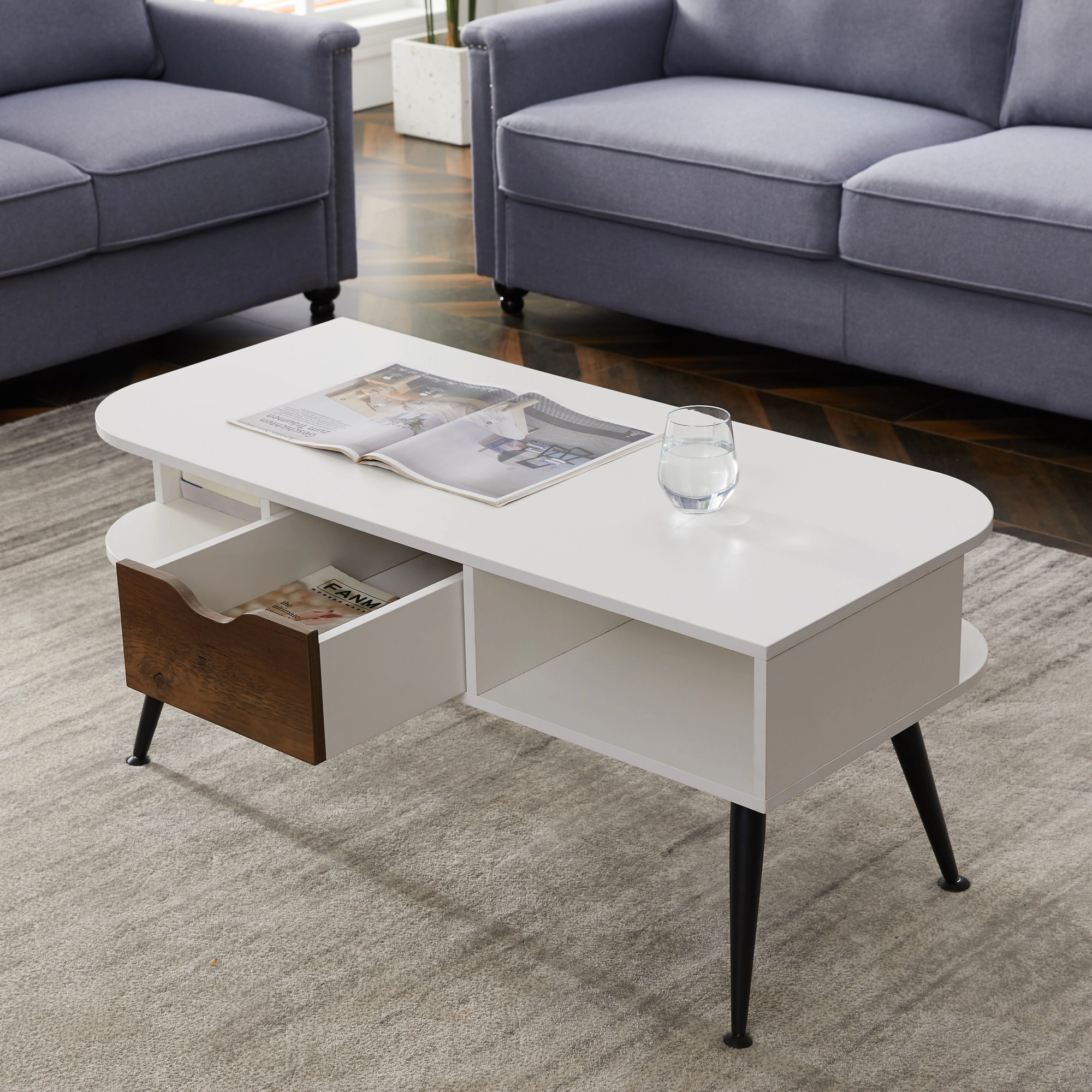 Modern White Coffee Table for Living Room - Contemporary Low Profile Center Table view 2