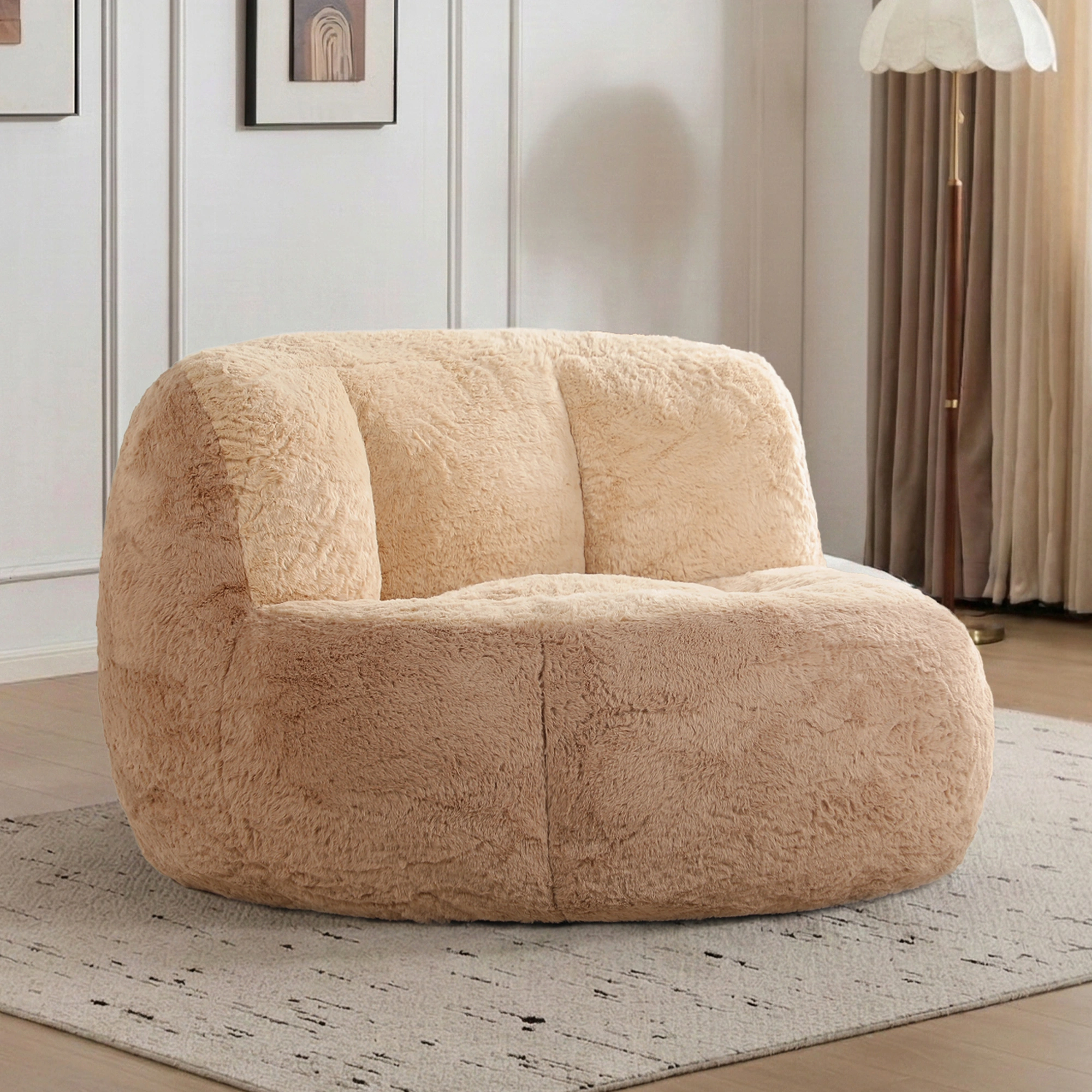 Oversized Bean Bag Chair, Multicolor Faux Fur, Shredded Sponge Filled Lounger Sofa Couch, No Assembly, Brown Camel