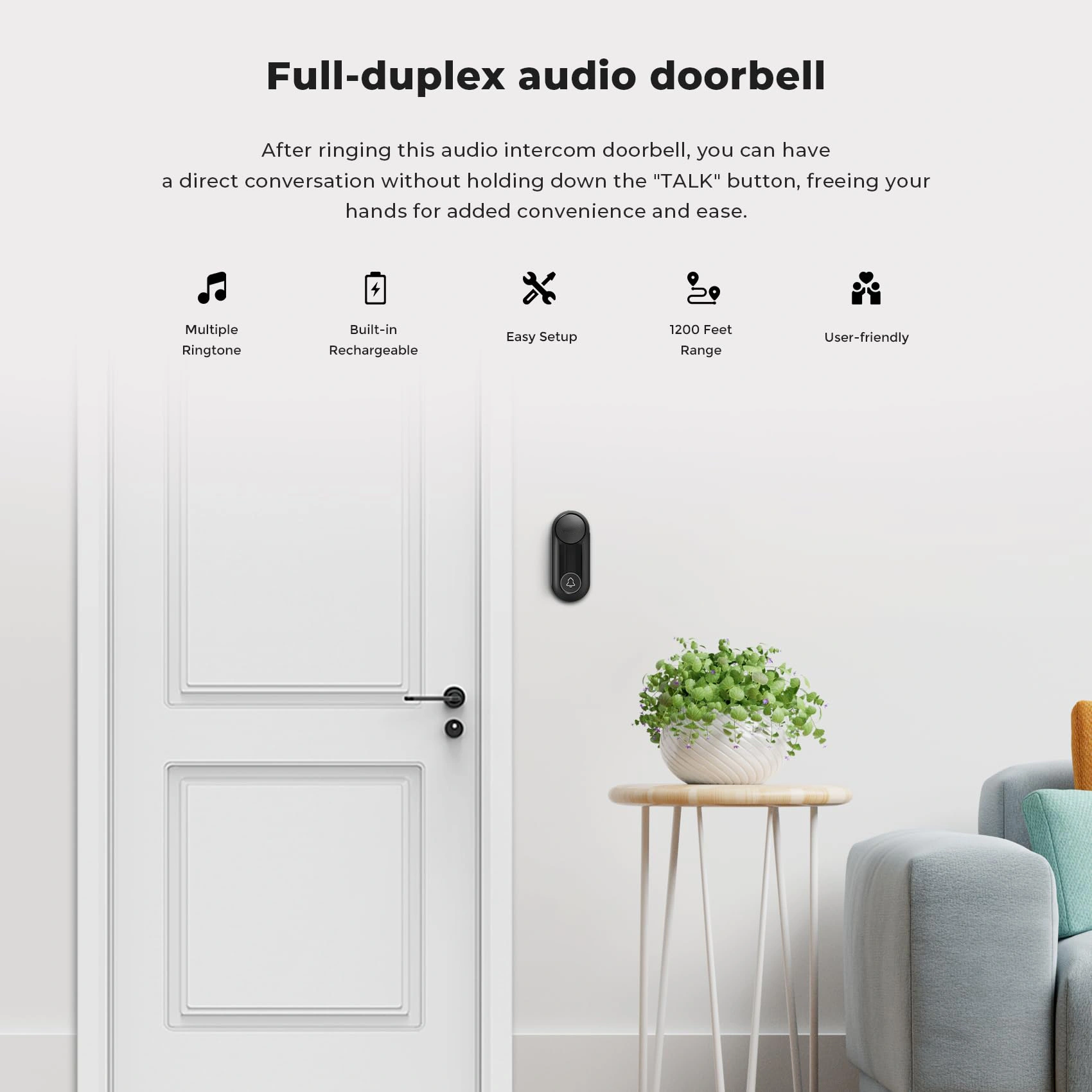 Wireless Door Intercom System, Full-Duplex Two-Way Talk, 365m Range, IP65 Waterproof, Rechargeable Battery 180 Days Standby, Doorbell for House Villa view 3