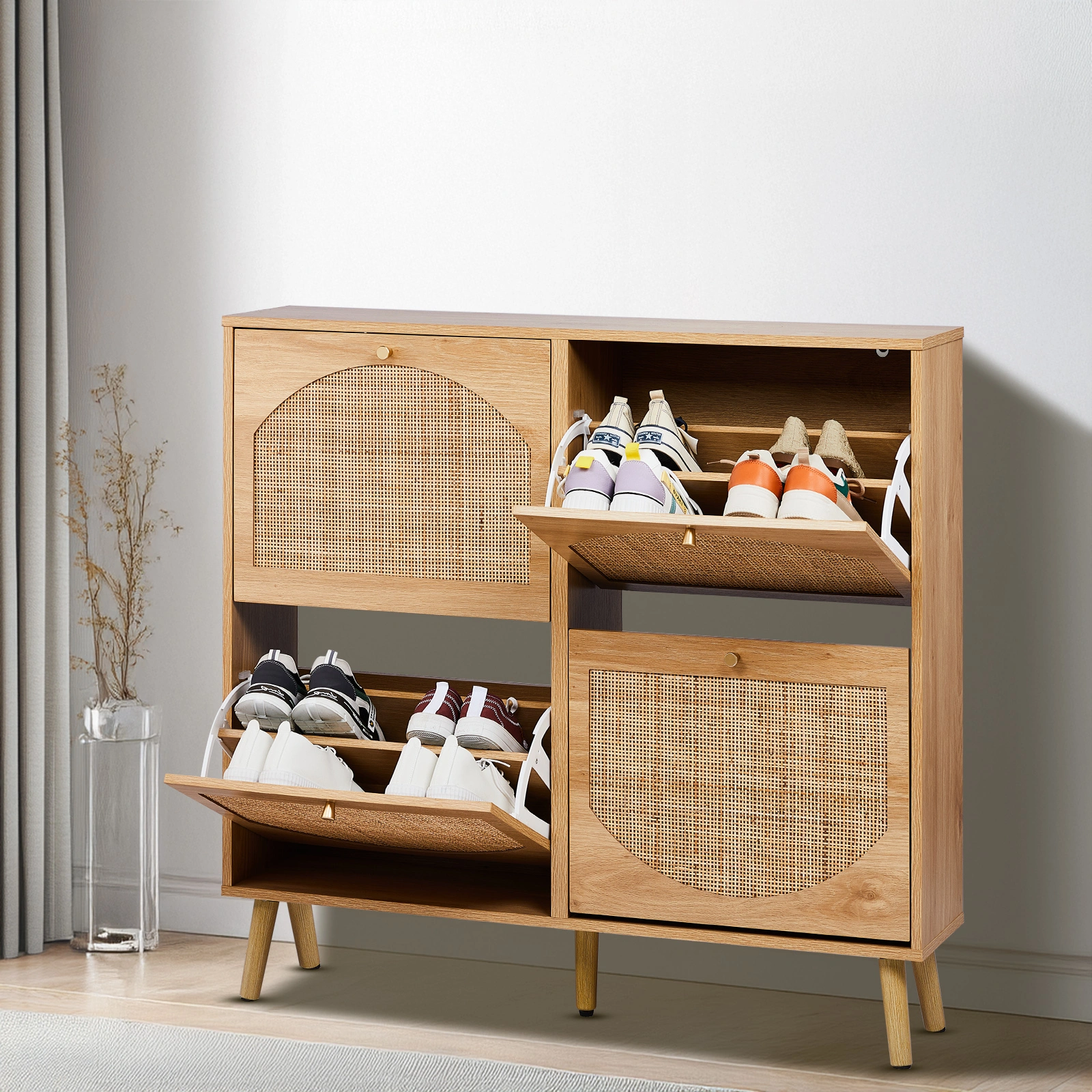 2-Tier Shoe Cabinet 8-Bucket, Arched Rattan Front, Density Board, 105x24x98cm, Original Wood Color