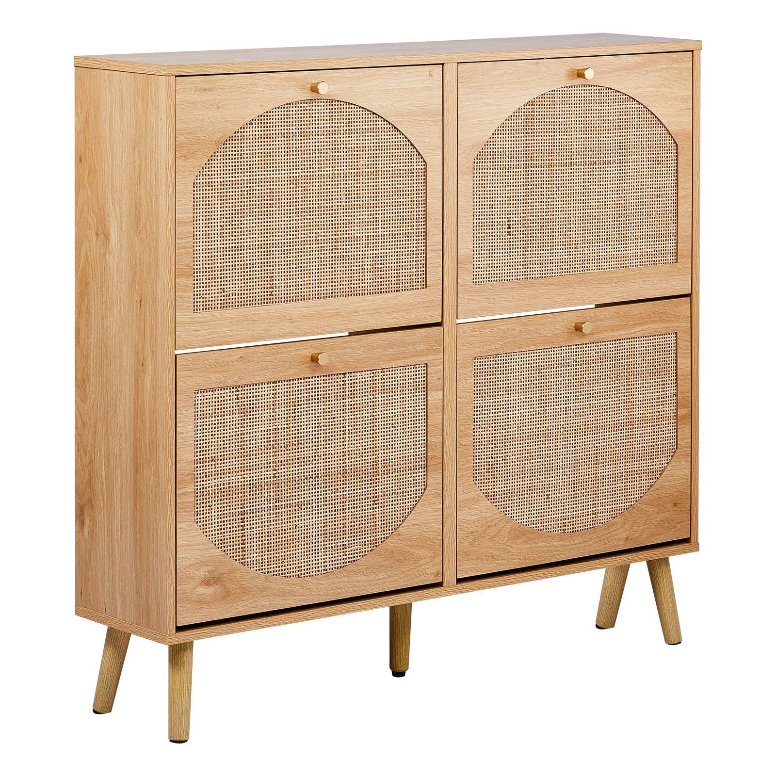 2-Tier Shoe Cabinet 8-Bucket, Arched Rattan Front, Density Board, 105x24x98cm, Original Wood Color view 10