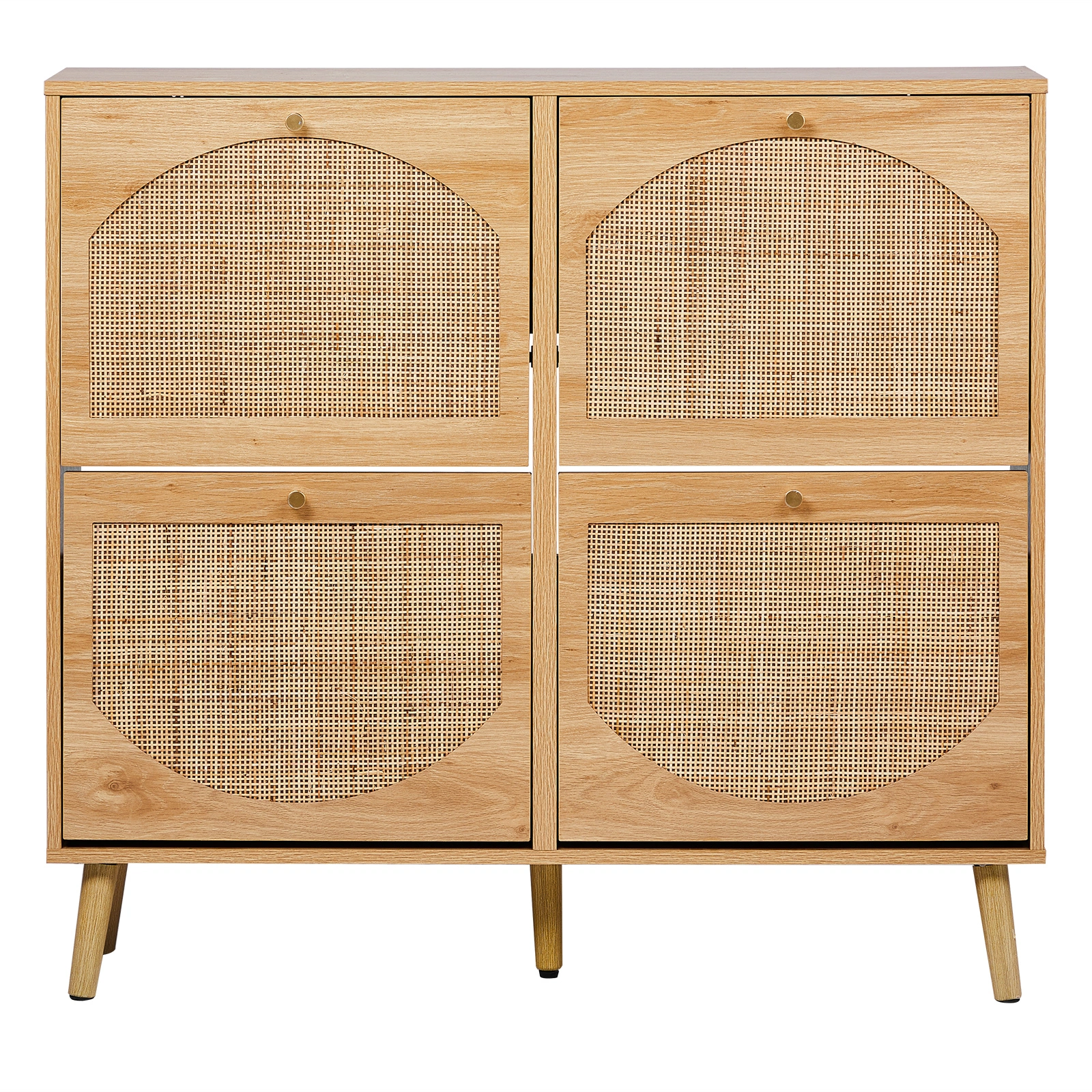 2-Tier Shoe Cabinet 8-Bucket, Arched Rattan Front, Density Board, 105x24x98cm, Original Wood Color view 2