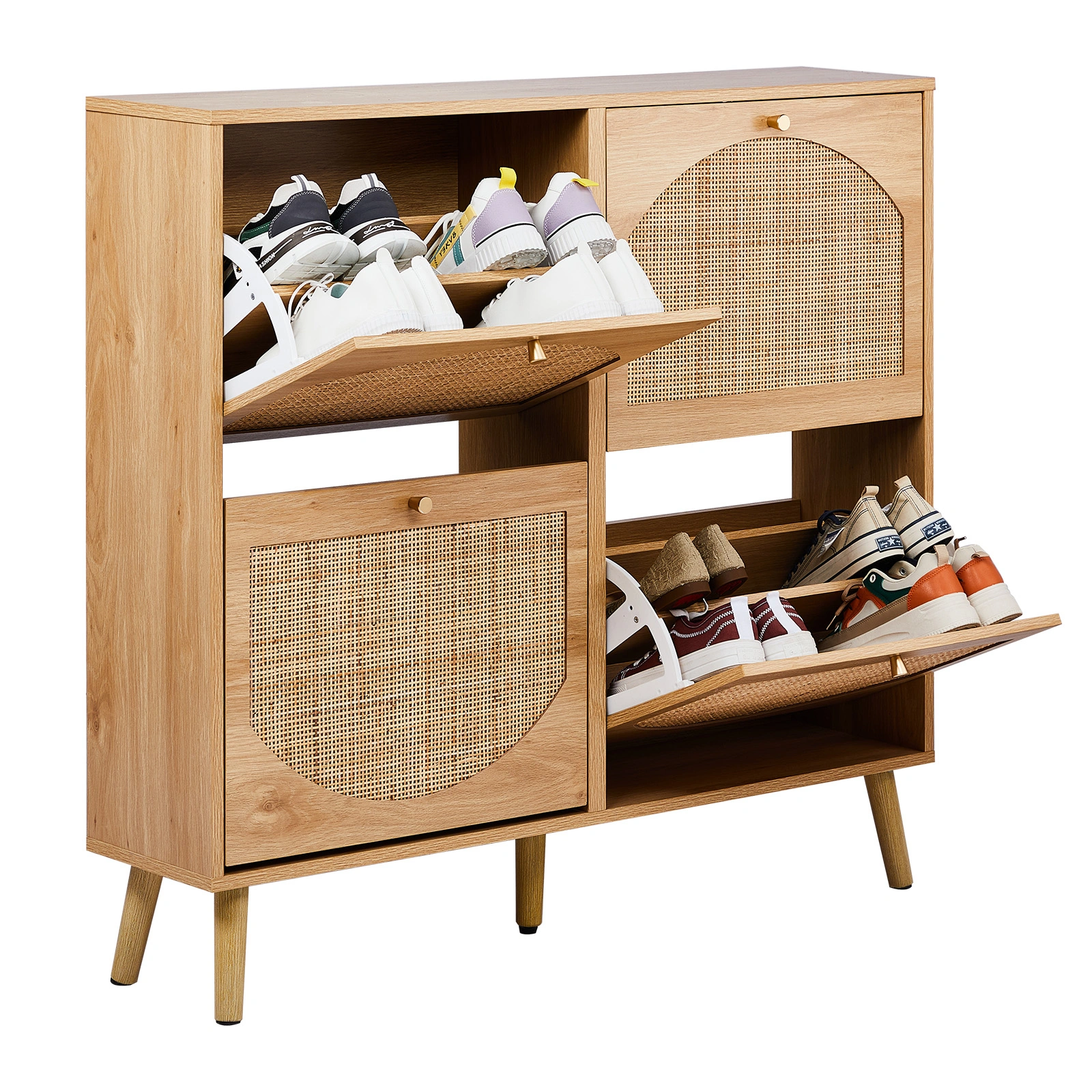 2-Tier Shoe Cabinet 8-Bucket, Arched Rattan Front, Density Board, 105x24x98cm, Original Wood Color view 3