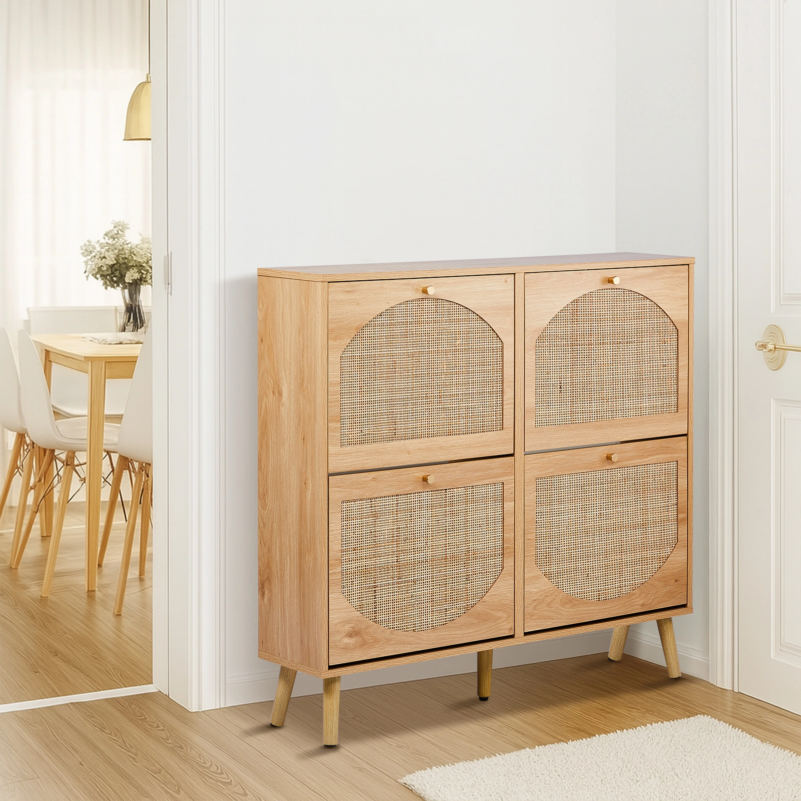 2-Tier Shoe Cabinet 8-Bucket, Arched Rattan Front, Density Board, 105x24x98cm, Original Wood Color view 4
