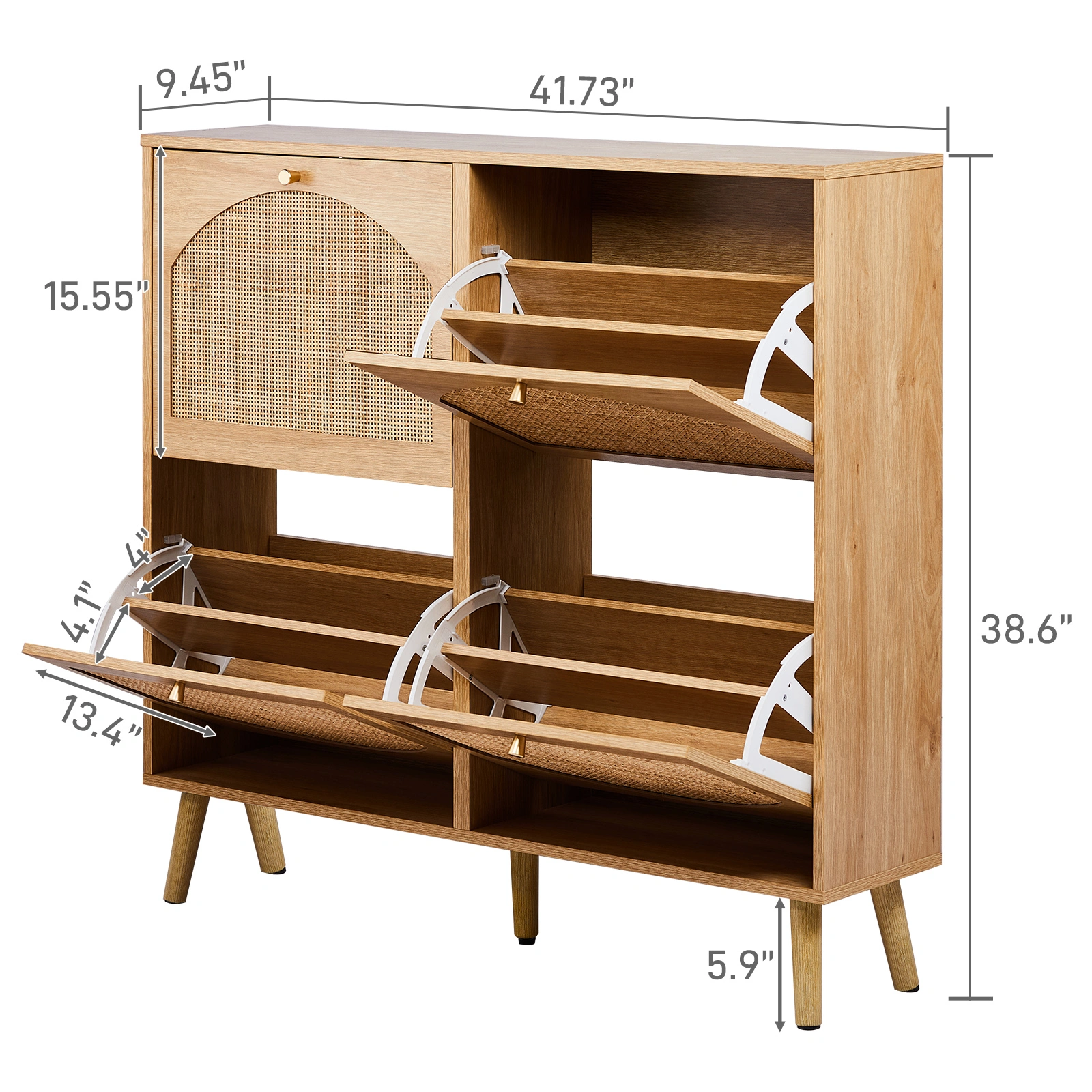 2-Tier Shoe Cabinet 8-Bucket, Arched Rattan Front, Density Board, 105x24x98cm, Original Wood Color view 5