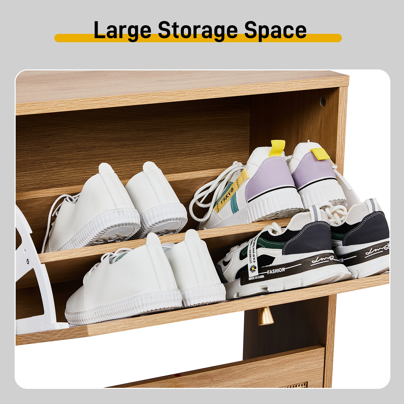 2-Tier Shoe Cabinet 8-Bucket, Arched Rattan Front, Density Board, 105x24x98cm, Original Wood Color view 6