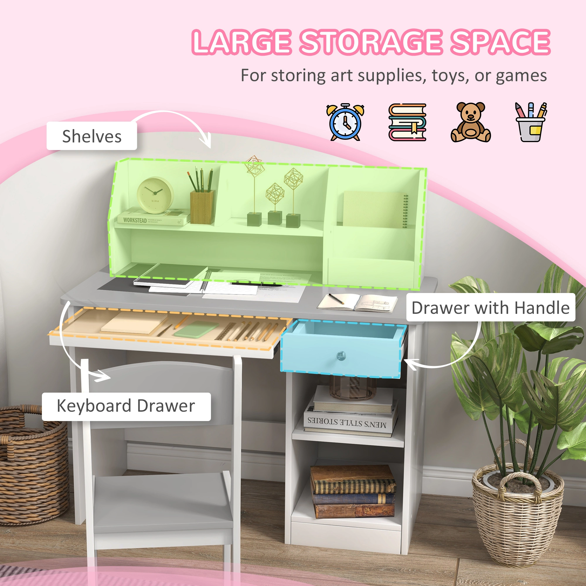 Kids Study Desk with Storage Shelves & Bookshelf, Adjustable Height Writing Table for Children Teens Bedroom Classroom view 3