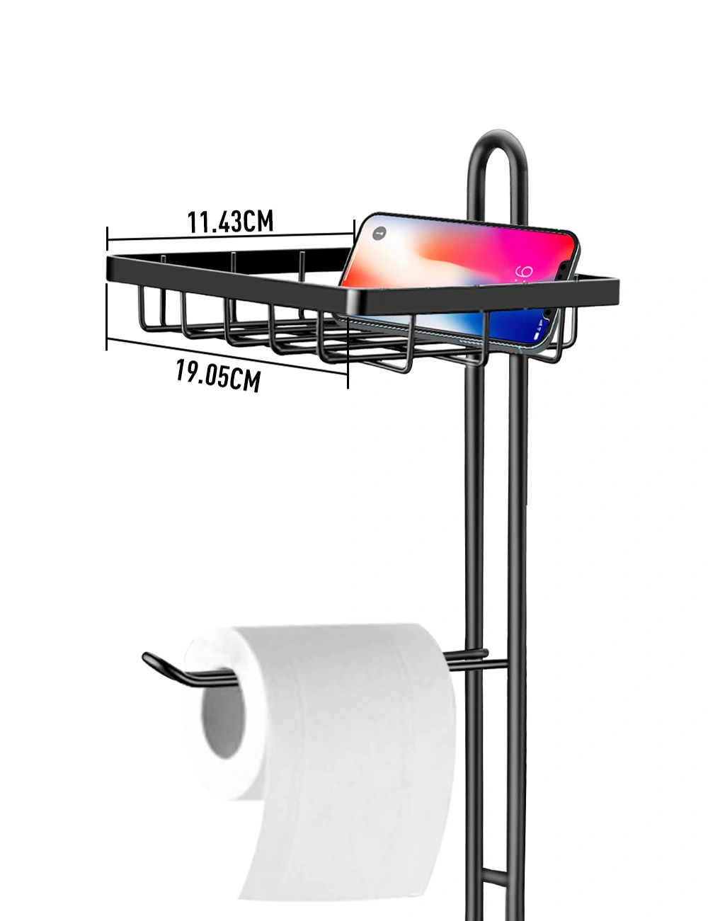 Freestanding Toilet Paper Holder Stand with Storage Shelf, Holds 3 Spare Rolls, Functional Bathroom Floor Dispenser for Phone Magazine, Black Metal