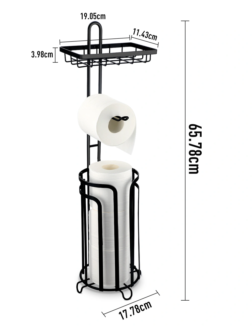Freestanding Toilet Paper Holder Stand with Storage Shelf, Holds 3 Spare Rolls, Functional Bathroom Floor Dispenser for Phone Magazine, Black Metal view 2