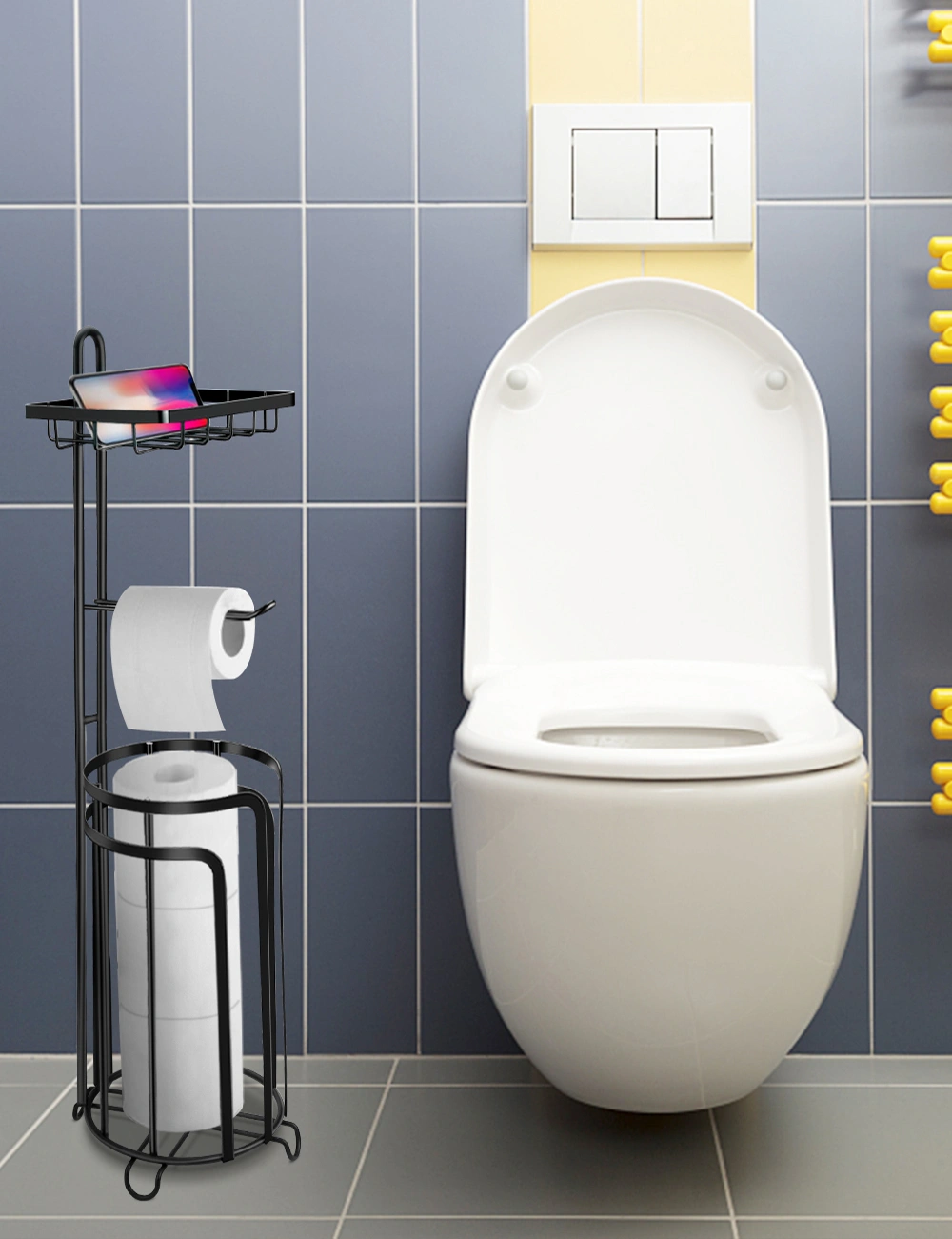 Freestanding Toilet Paper Holder Stand with Storage Shelf, Holds 3 Spare Rolls, Functional Bathroom Floor Dispenser for Phone Magazine, Black Metal view 3