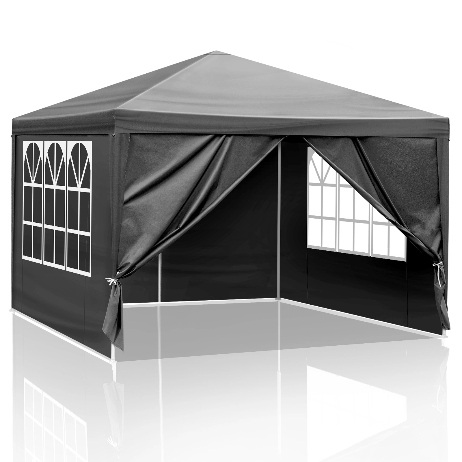 10×10ft Black Outdoor Canopy Gazebo with 4 Removable Side Panels, 2 Zipper Doors and 2 Mesh Windows, Heavy Duty PE Cloth, Powder Coated Iron Pipes for Backyard Party Camping view 11