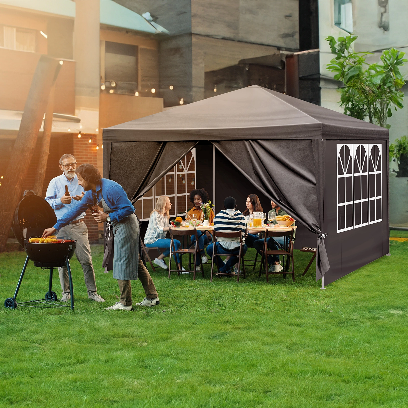 10×10ft Black Outdoor Canopy Gazebo with 4 Removable Side Panels, 2 Zipper Doors and 2 Mesh Windows, Heavy Duty PE Cloth, Powder Coated Iron Pipes for Backyard Party Camping view 16