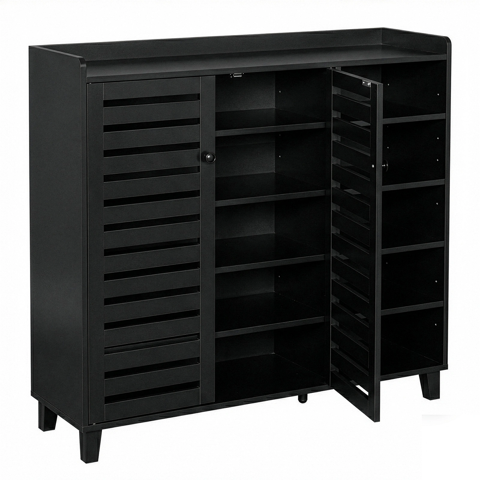 Shoe cabinet with 2 doors, 5 open compartments, and a tabletop with a back panel; made of MDF; 116*35.5*107cm; black view 10