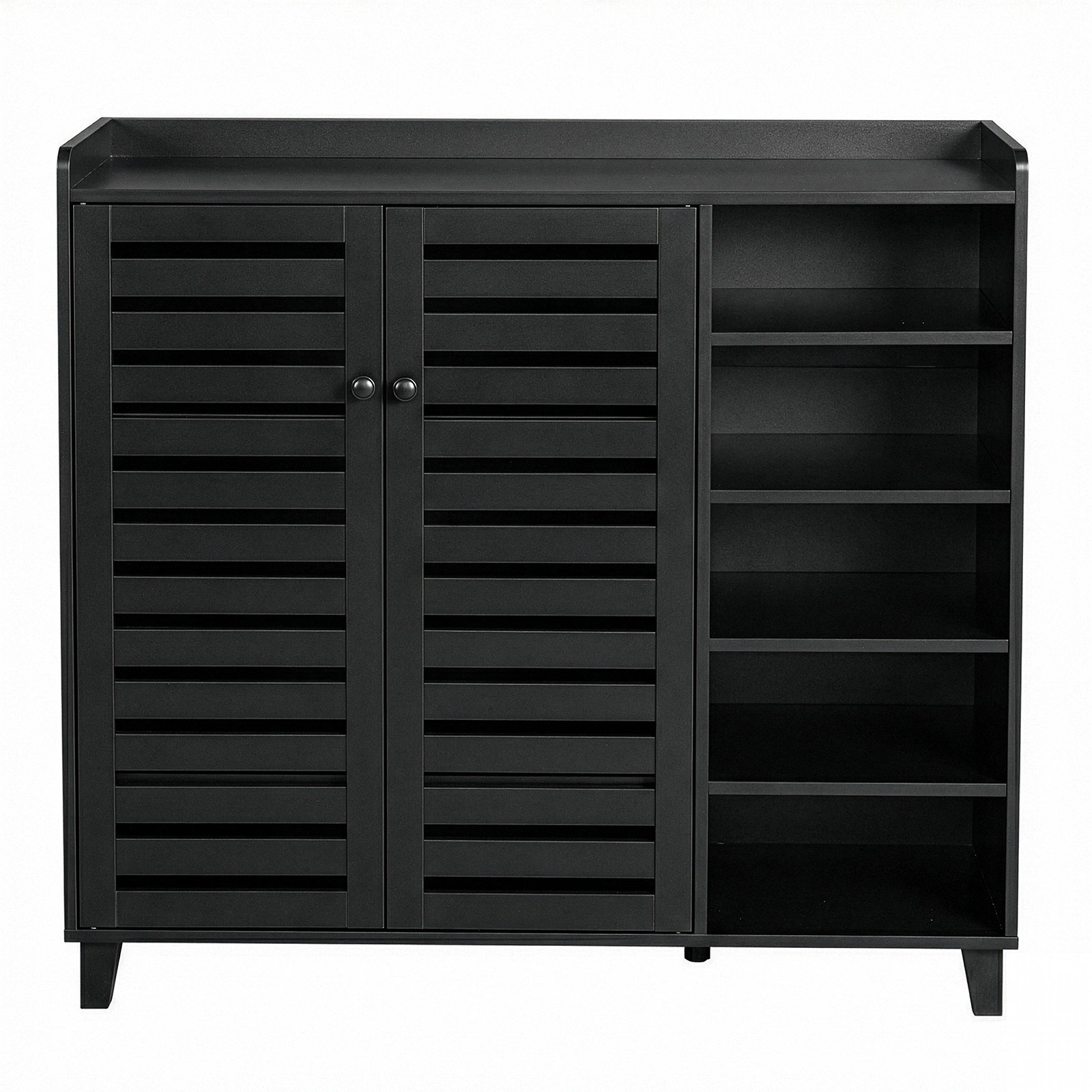Shoe cabinet with 2 doors, 5 open compartments, and a tabletop with a back panel; made of MDF; 116*35.5*107cm; black view 11