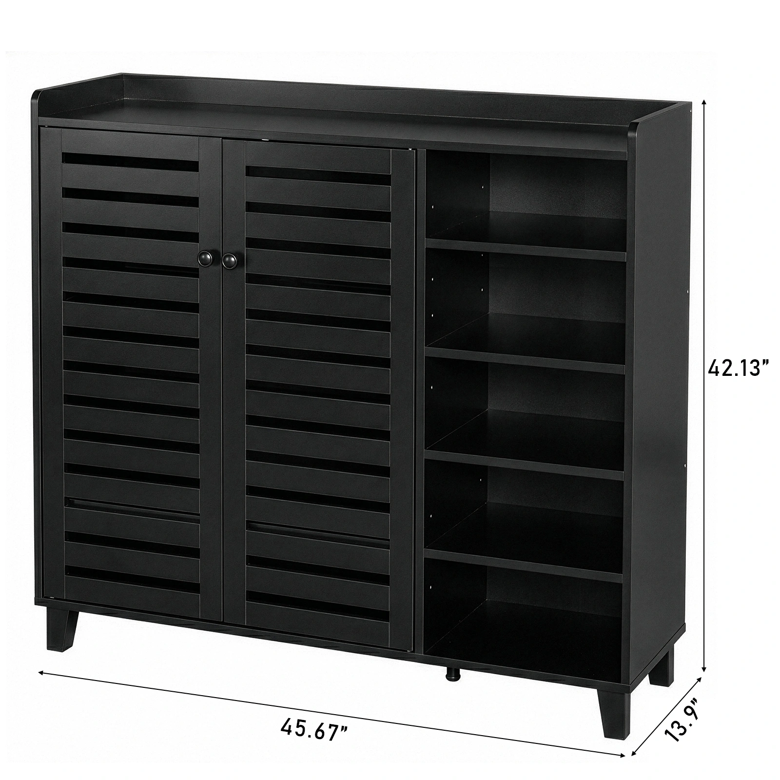 Shoe cabinet with 2 doors, 5 open compartments, and a tabletop with a back panel; made of MDF; 116*35.5*107cm; black view 3