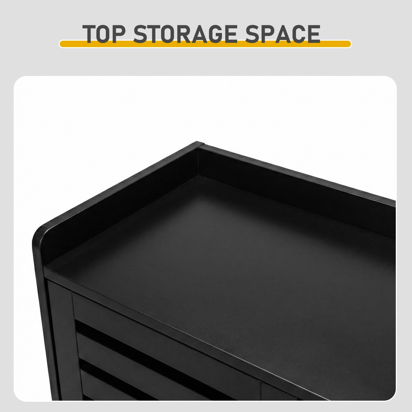 Shoe cabinet with 2 doors, 5 open compartments, and a tabletop with a back panel; made of MDF; 116*35.5*107cm; black view 5