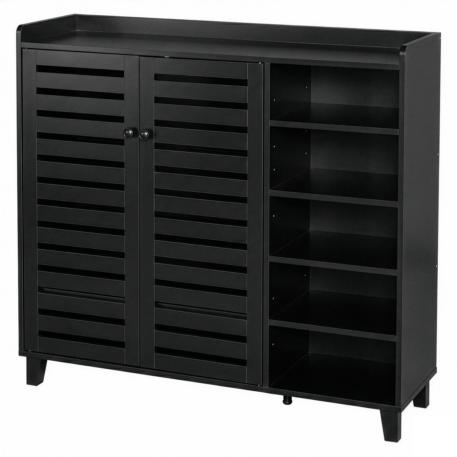 Shoe cabinet with 2 doors, 5 open compartments, and a tabletop with a back panel; made of MDF; 116*35.5*107cm; black view 9