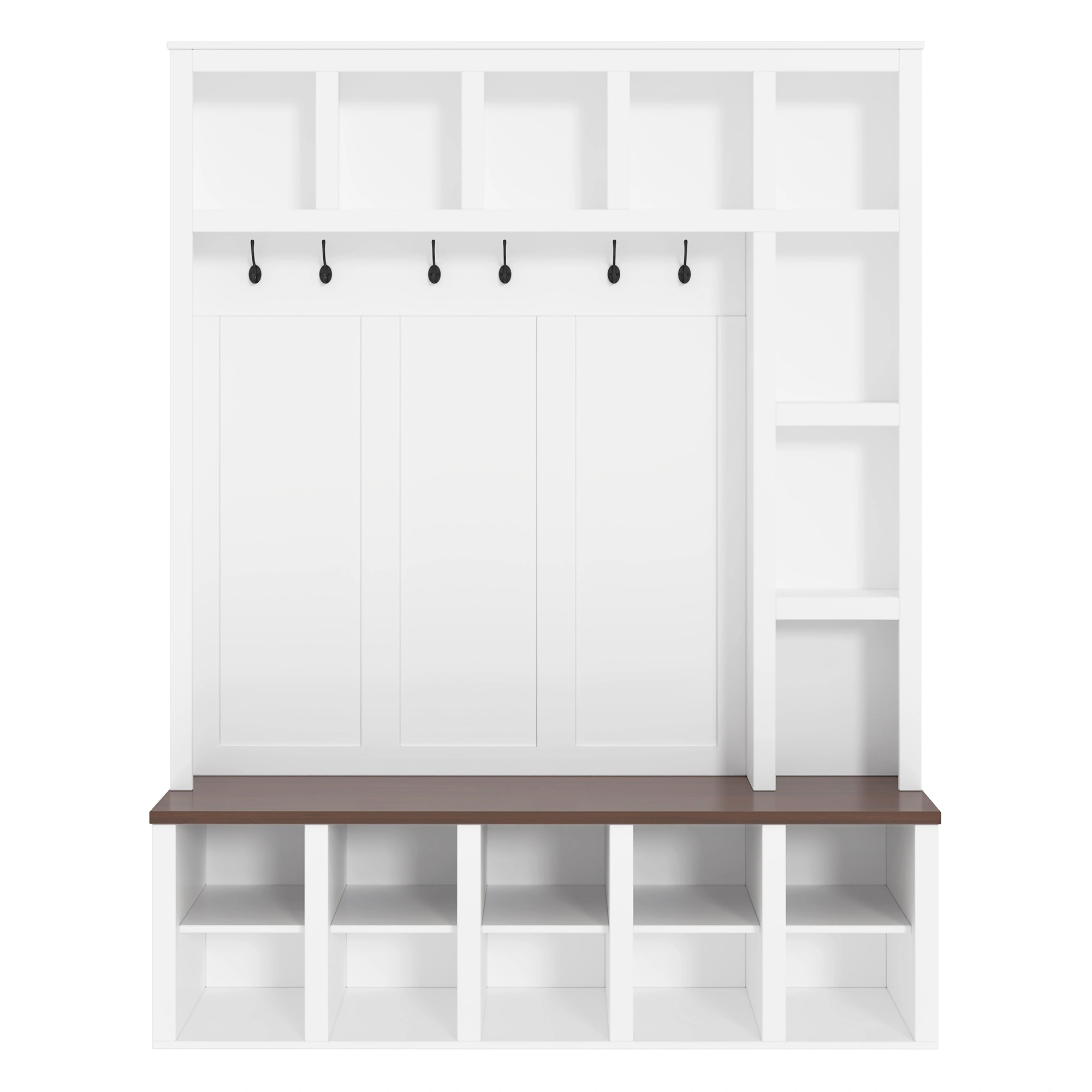 Farmhouse Hall Tree Bench with 6 Hooks, Entryway Storage Cabinet with Adjustable Shelves & Cubbies, White Shoe Bench for Mudroom Living Room, 76.7"H