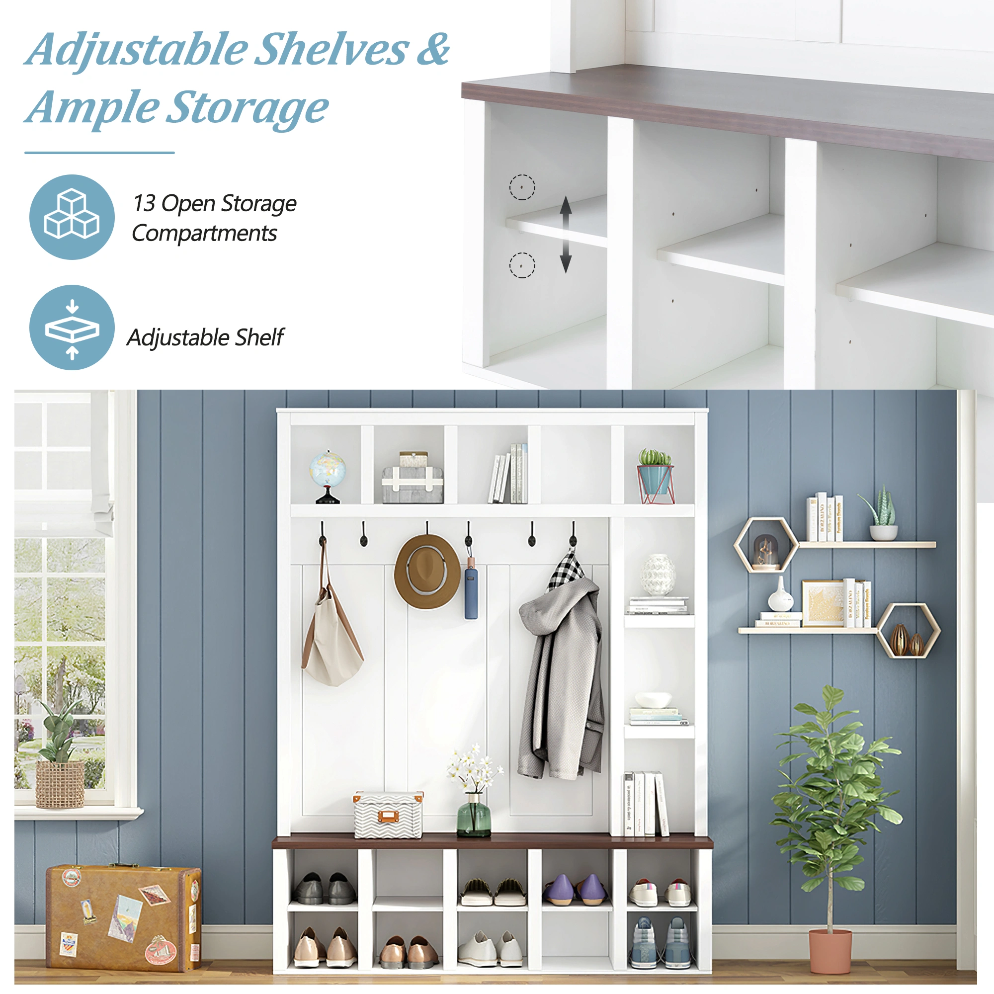 Farmhouse Hall Tree Bench with 6 Hooks, Entryway Storage Cabinet with Adjustable Shelves & Cubbies, White Shoe Bench for Mudroom Living Room, 76.7"H view 10