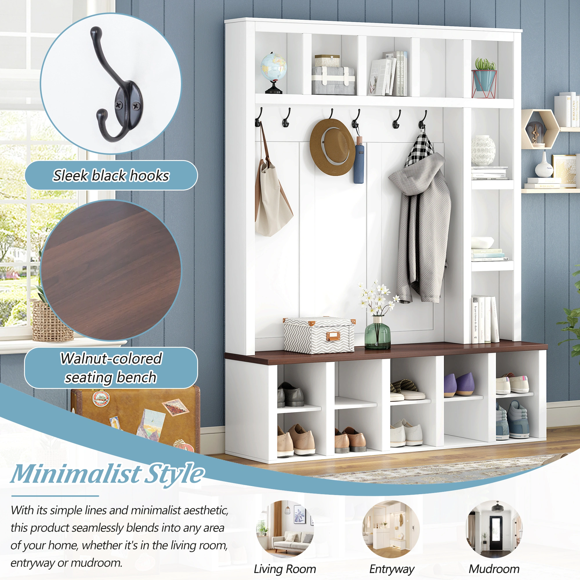 Farmhouse Hall Tree Bench with 6 Hooks, Entryway Storage Cabinet with Adjustable Shelves & Cubbies, White Shoe Bench for Mudroom Living Room, 76.7"H view 12