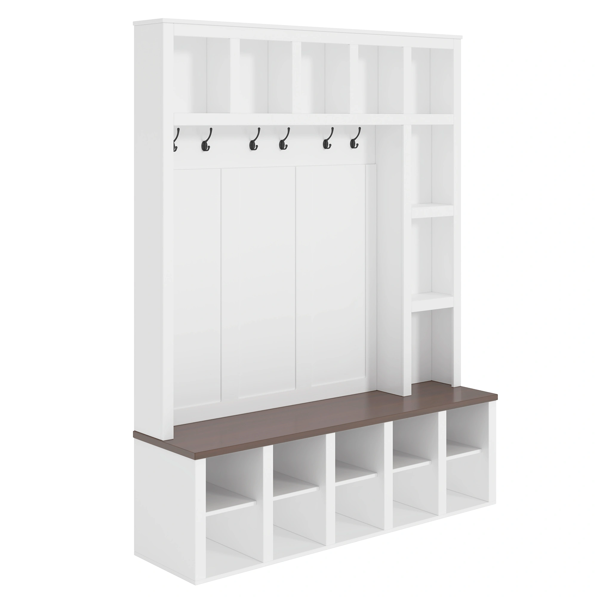 Farmhouse Hall Tree Bench with 6 Hooks, Entryway Storage Cabinet with Adjustable Shelves & Cubbies, White Shoe Bench for Mudroom Living Room, 76.7"H view 3