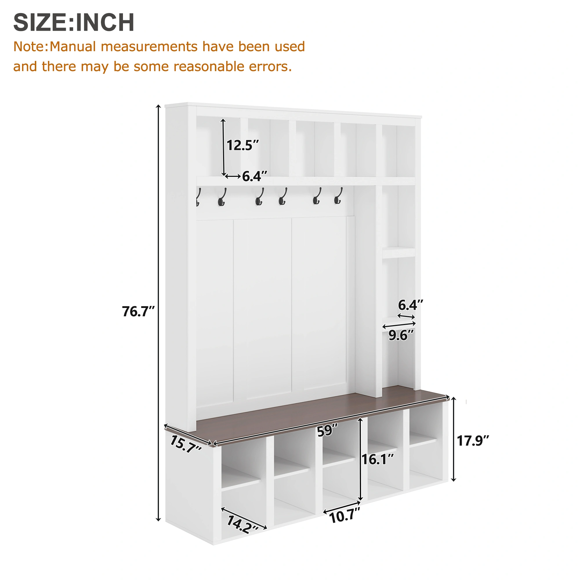 Farmhouse Hall Tree Bench with 6 Hooks, Entryway Storage Cabinet with Adjustable Shelves & Cubbies, White Shoe Bench for Mudroom Living Room, 76.7"H view 5