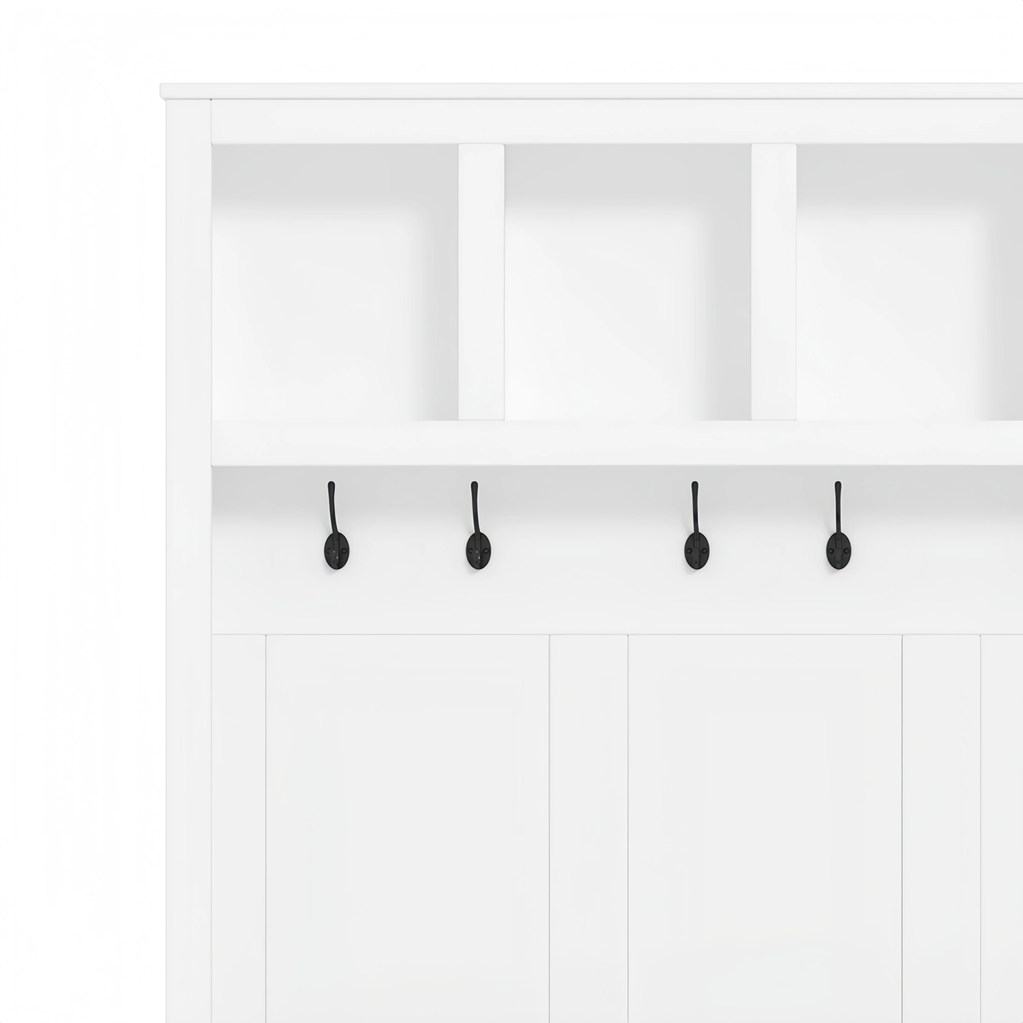 Farmhouse Hall Tree Bench with 6 Hooks, Entryway Storage Cabinet with Adjustable Shelves & Cubbies, White Shoe Bench for Mudroom Living Room, 76.7"H view 7