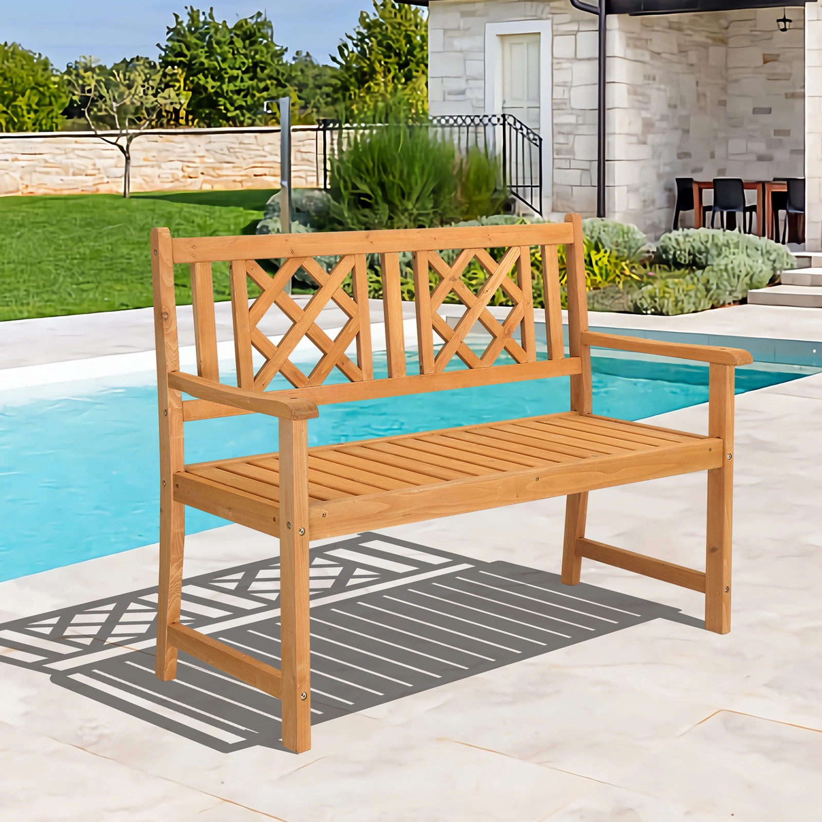 118*56.5*90cm Outdoor Garden Fir Grid Back Wooden Bench Burlywood view 15