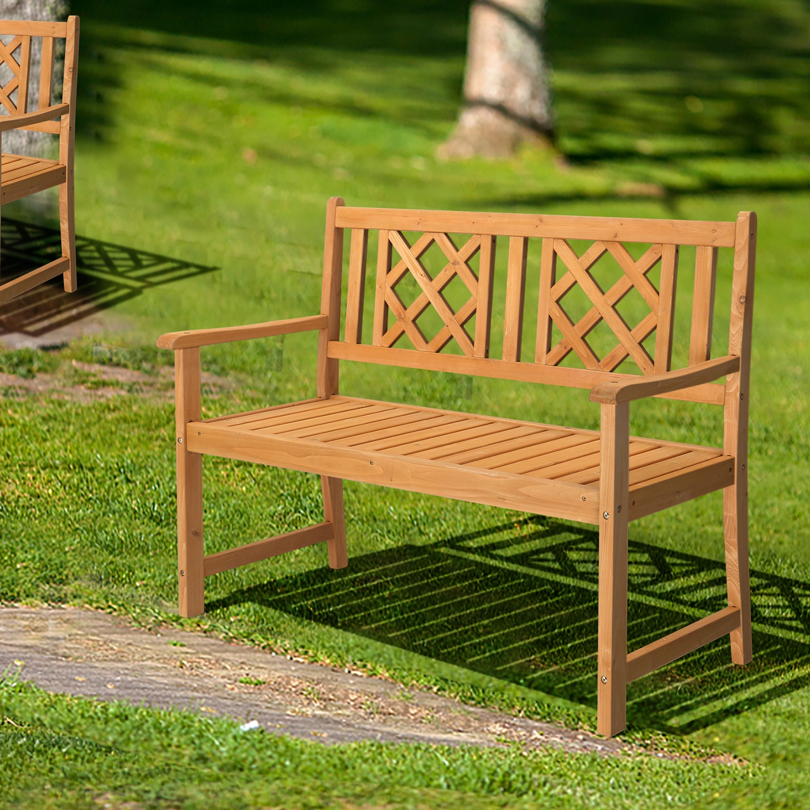 118*56.5*90cm Outdoor Garden Fir Grid Back Wooden Bench Burlywood view 16