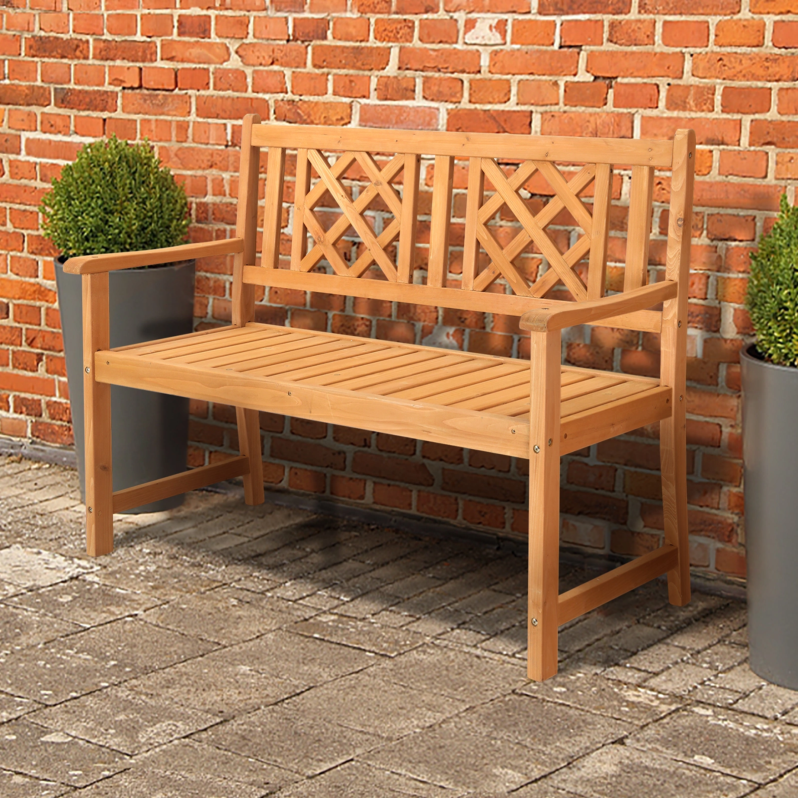 118*56.5*90cm Outdoor Garden Fir Grid Back Wooden Bench Burlywood view 17